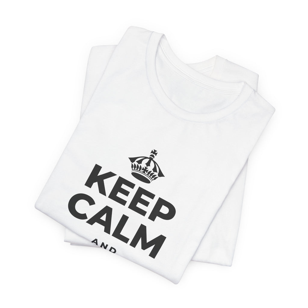 KEEP CALM AND CHASE SUNSETS T-Shirt (White–Asphalt)