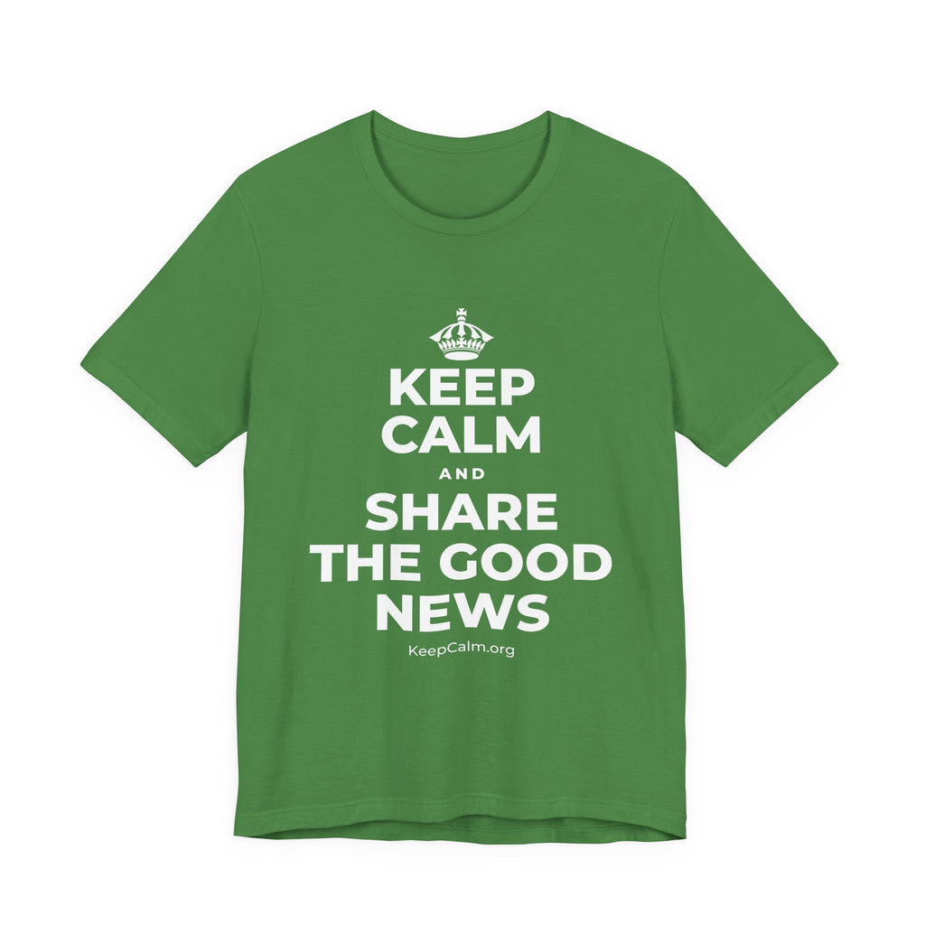 KEEP CALM AND SHARE THE GOOD NEWS T-Shirt (Baby Blue–Silver)