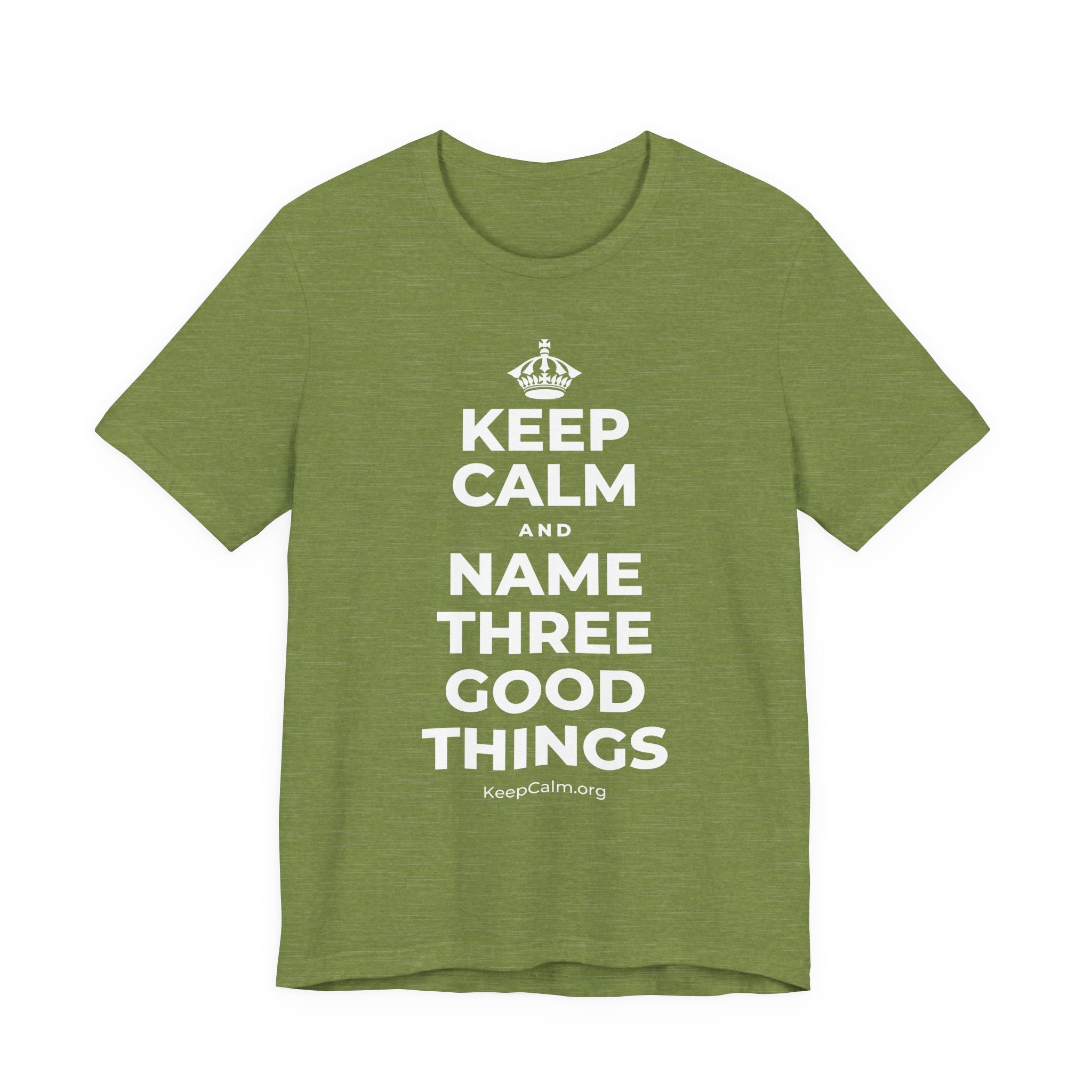 KEEP CALM AND NAME THREE GOOD THINGS T-Shirt (Baby Blue–Silver)
