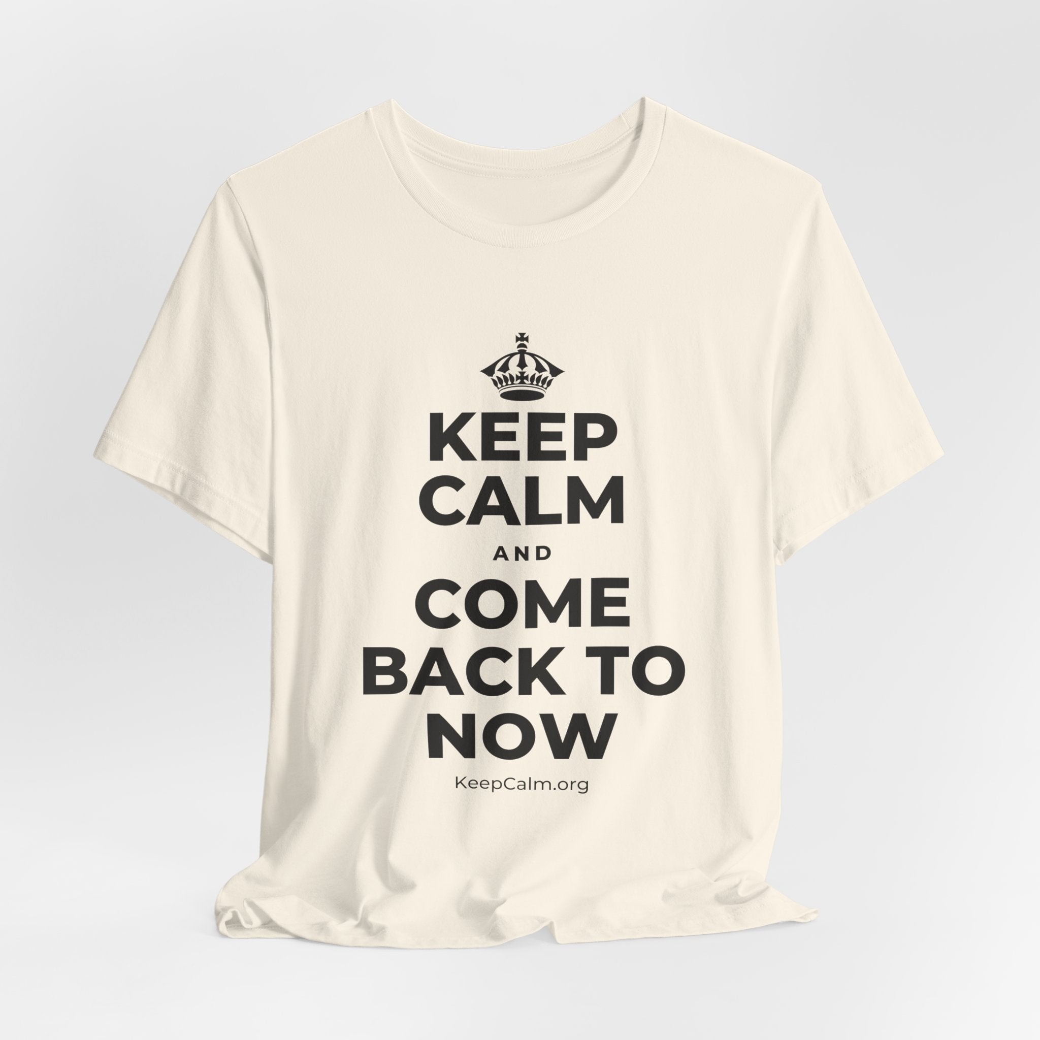 KEEP CALM AND COME BACK TO NOW T-Shirt (White–Asphalt)