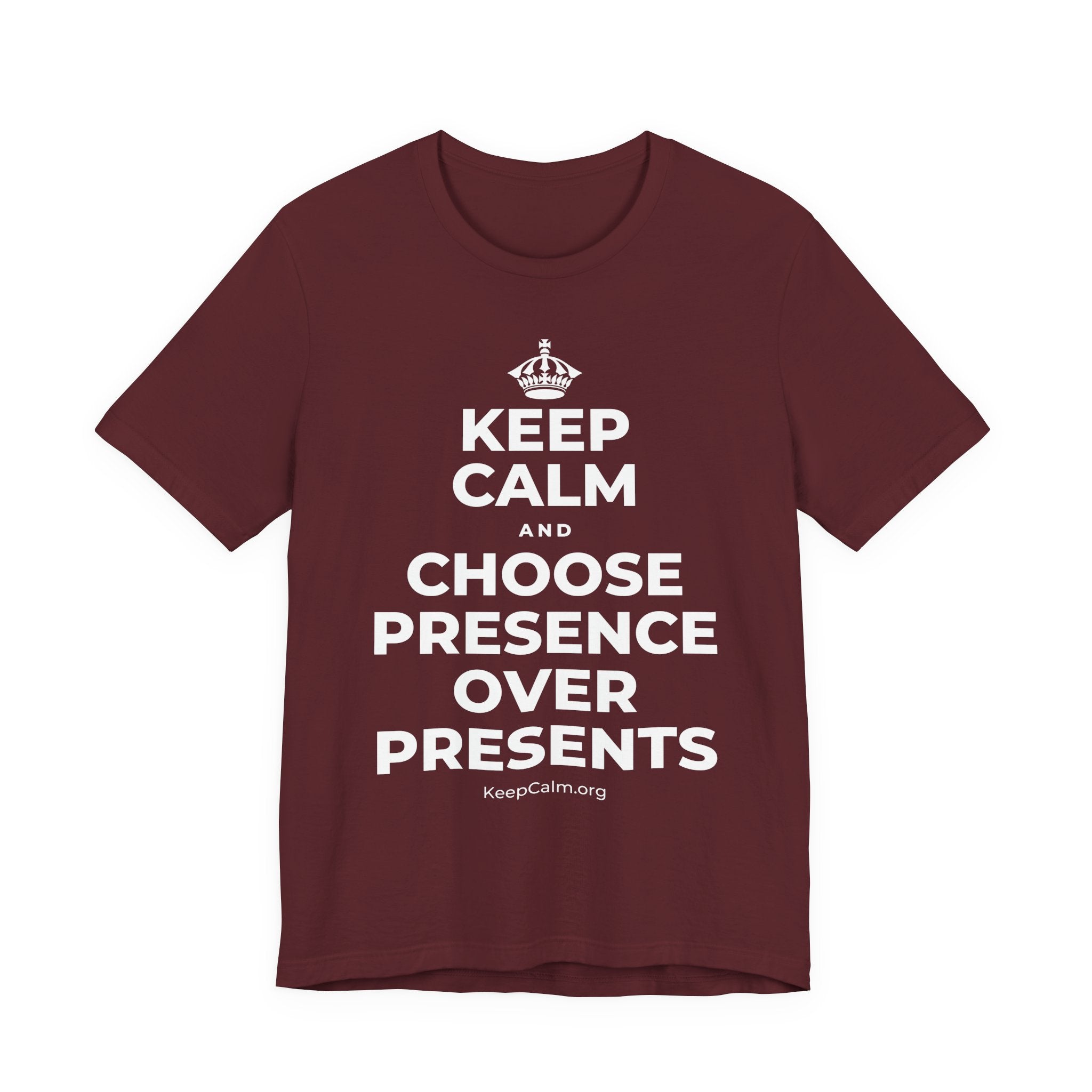 KEEP CALM AND CHOOSE PRESENCE OVER PRESENTS T-Shirt (Baby Blue–Silver)
