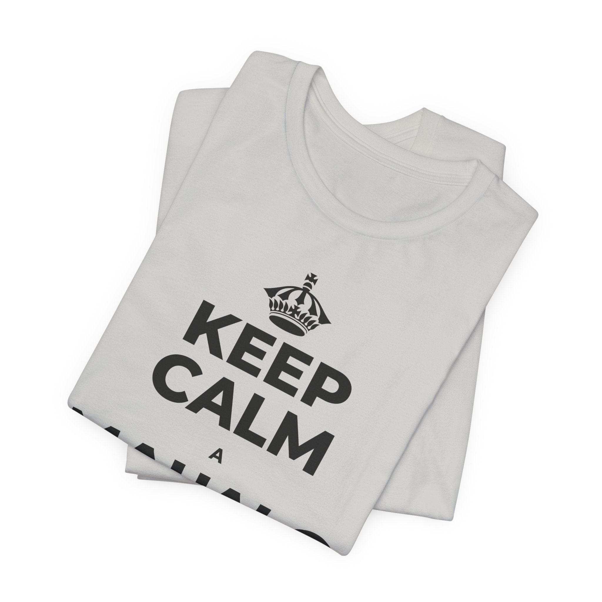 KEEP CALM A MAHALO NO KĒIA WĀ T-Shirt (Baby Blue–Silver)