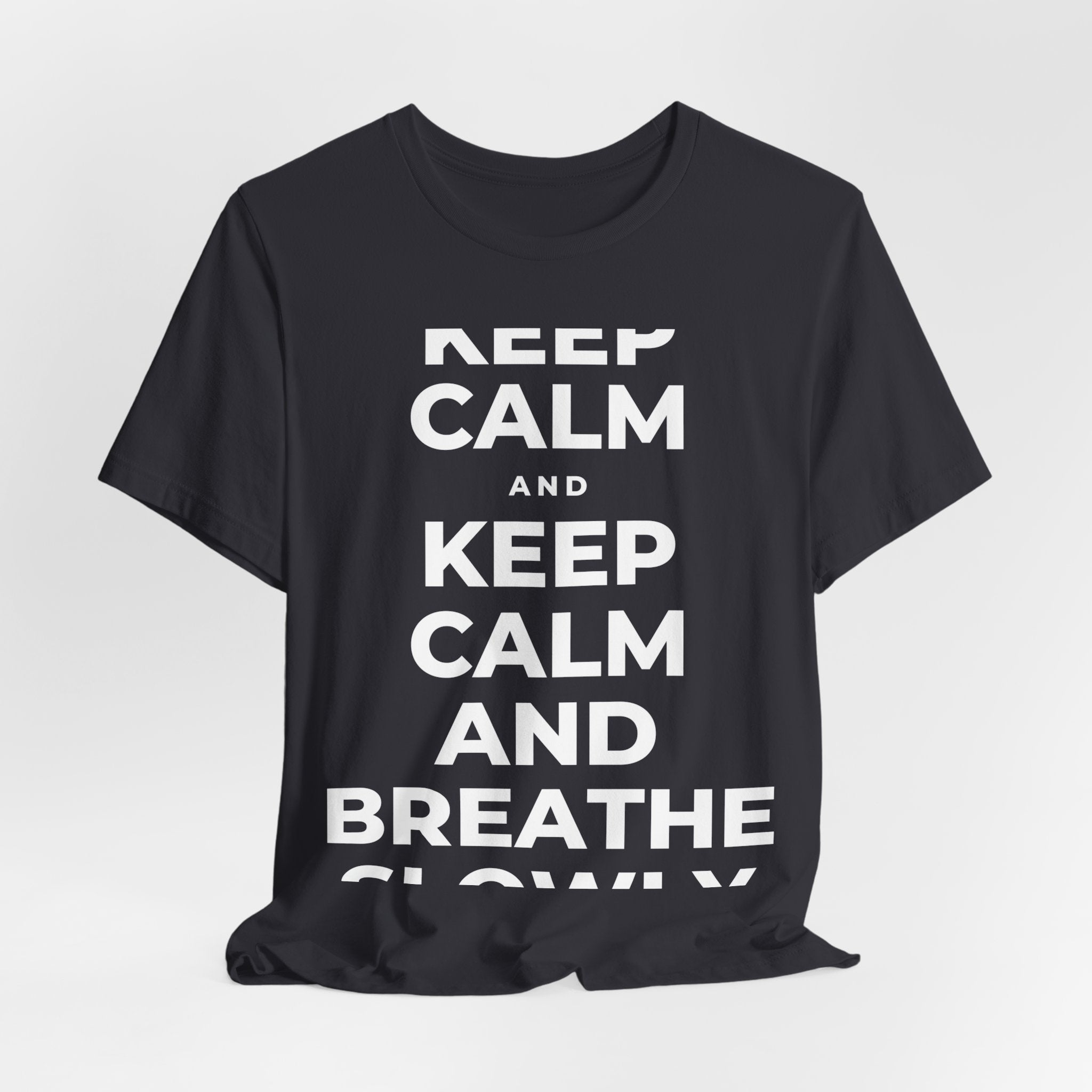 KEEP CALM AND BREATHE SLOWLY T-Shirt (Baby Blue–Silver)