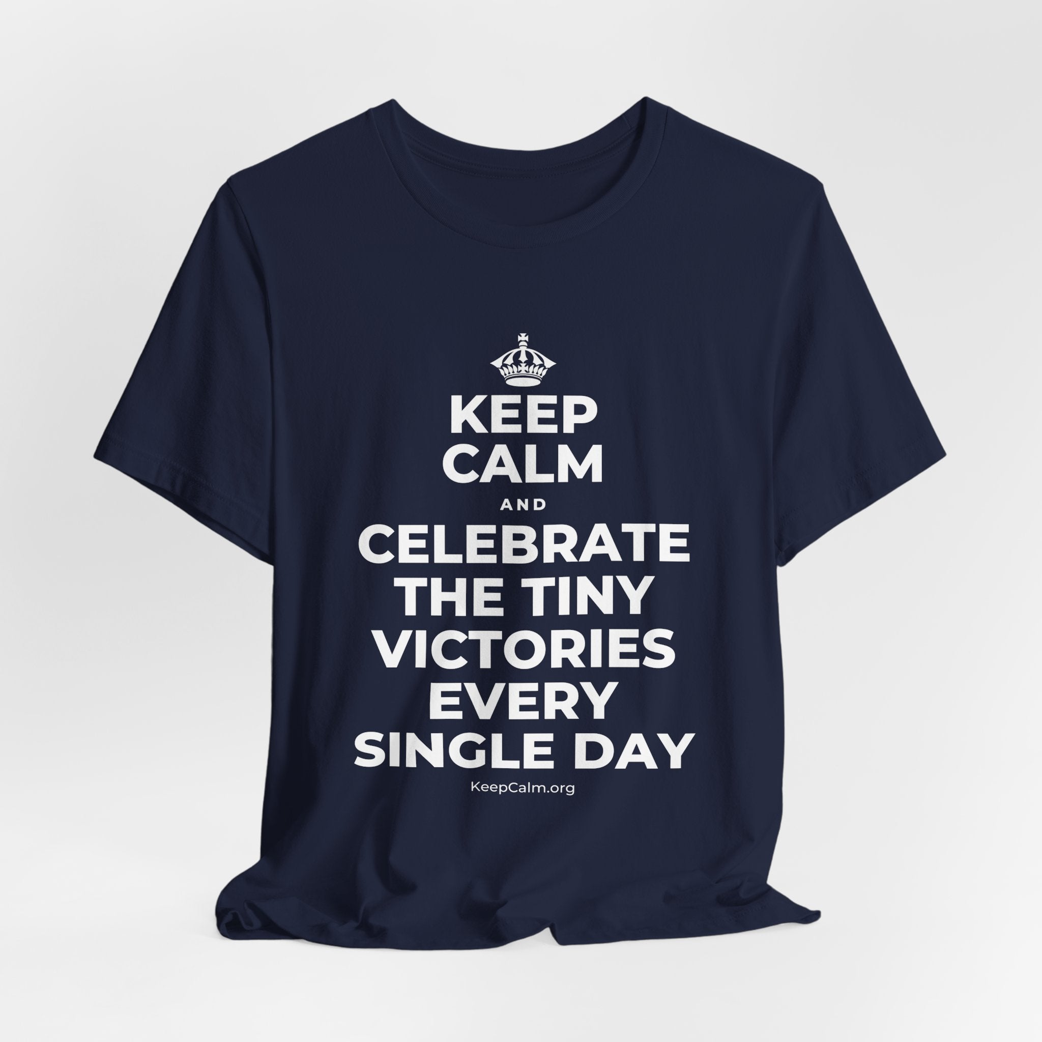 KEEP CALM AND CELEBRATE THE TINY VICTORIES EVERY SINGLE DAY T-Shirt (White–Asphalt)