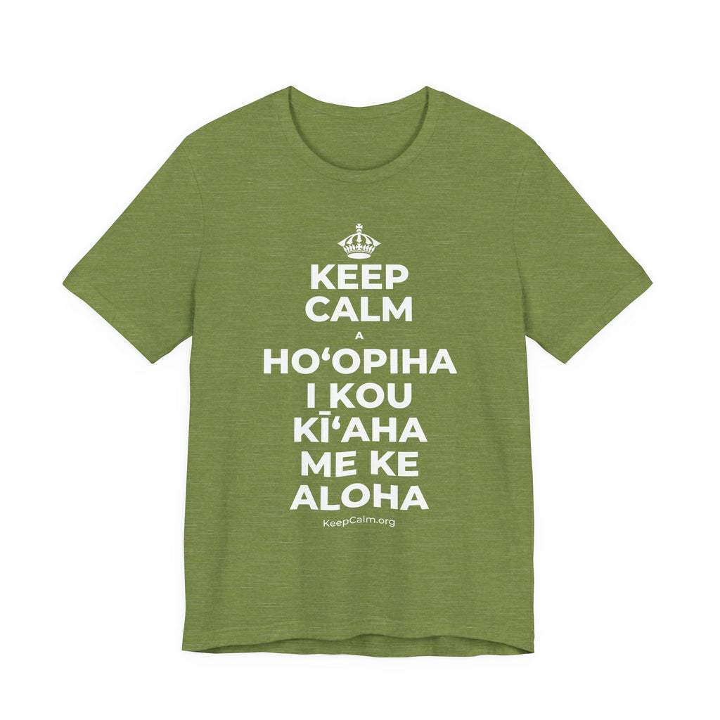 KEEP CALM A HOʻOPIHA I KOU KĪʻAHA ME KE ALOHA T-Shirt (Baby Blue–Silver)