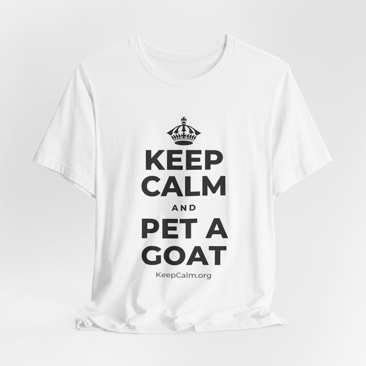 KEEP CALM AND PET A GOAT T-Shirt (White–Asphalt)