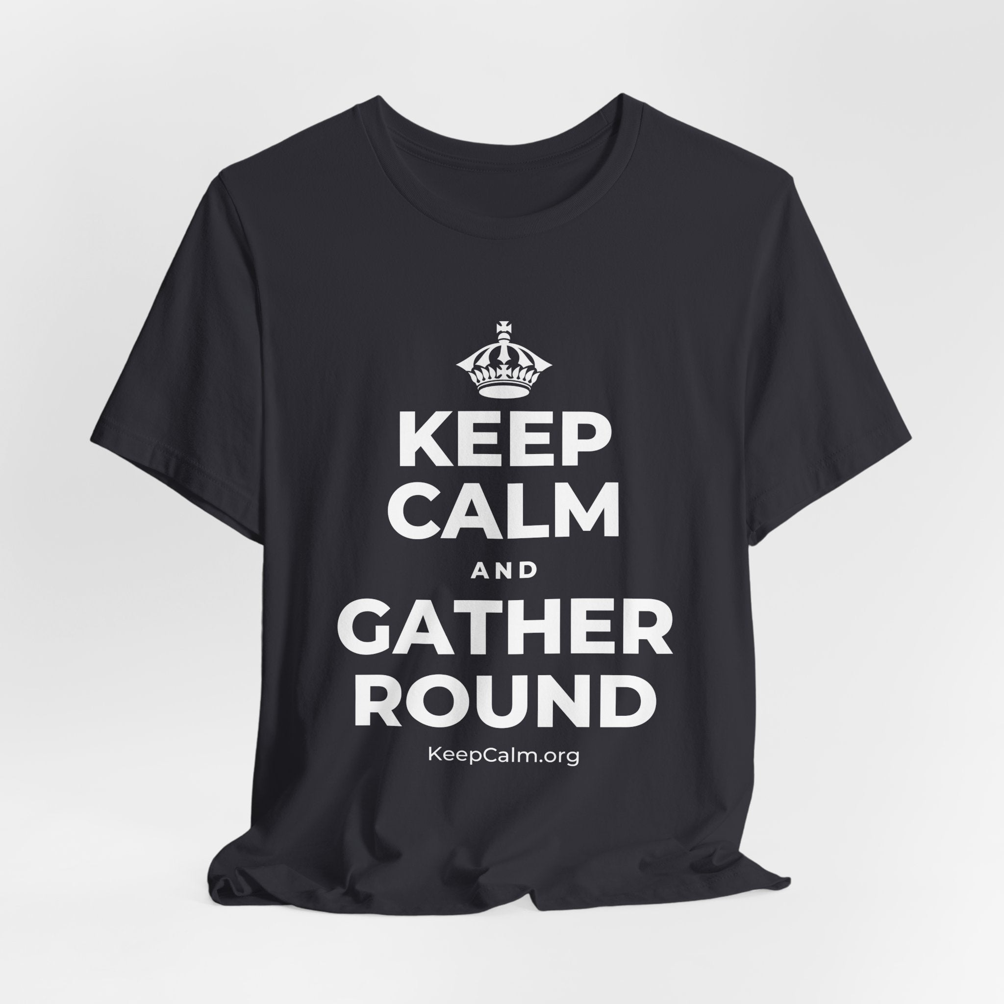 KEEP CALM AND GATHER ROUND T-Shirt (Baby Blue–Silver)