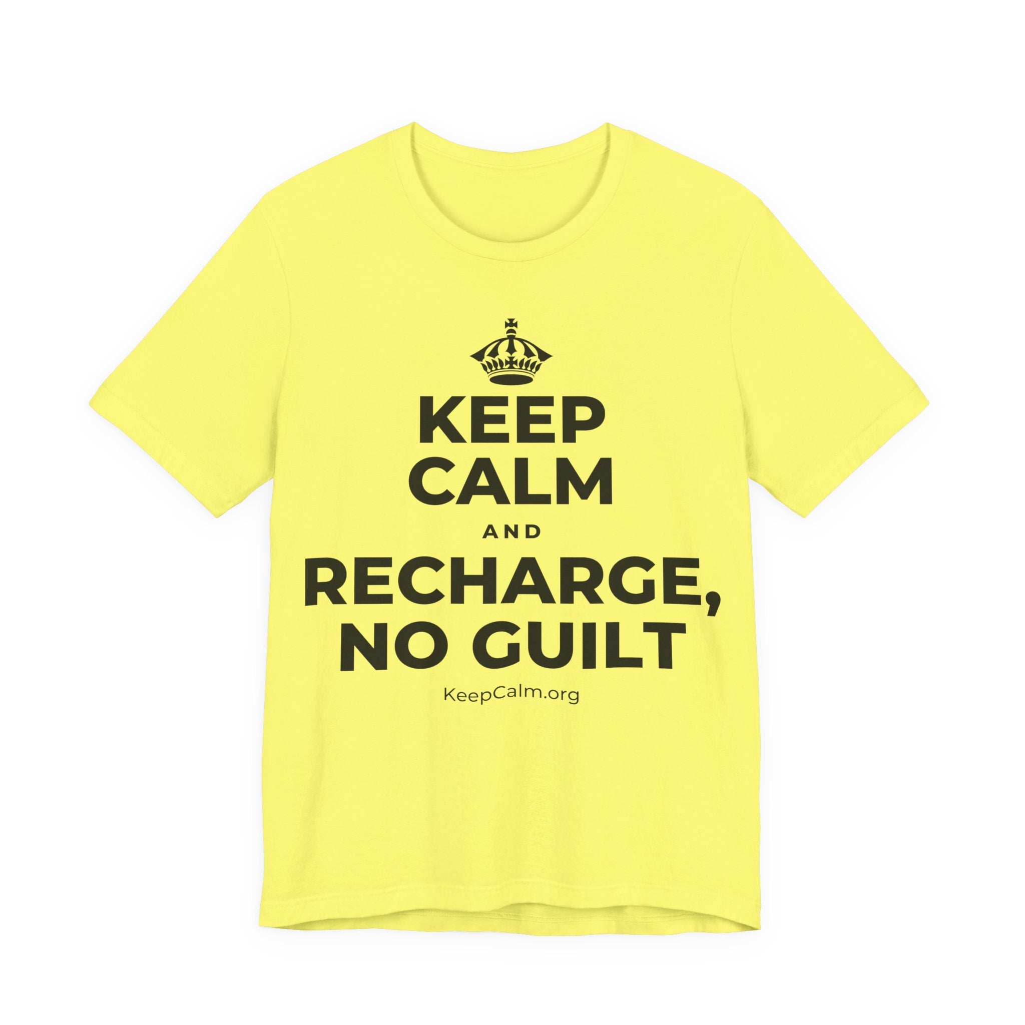 KEEP CALM AND RECHARGE, NO GUILT T-Shirt (Soft Cream–Heather Mauve)