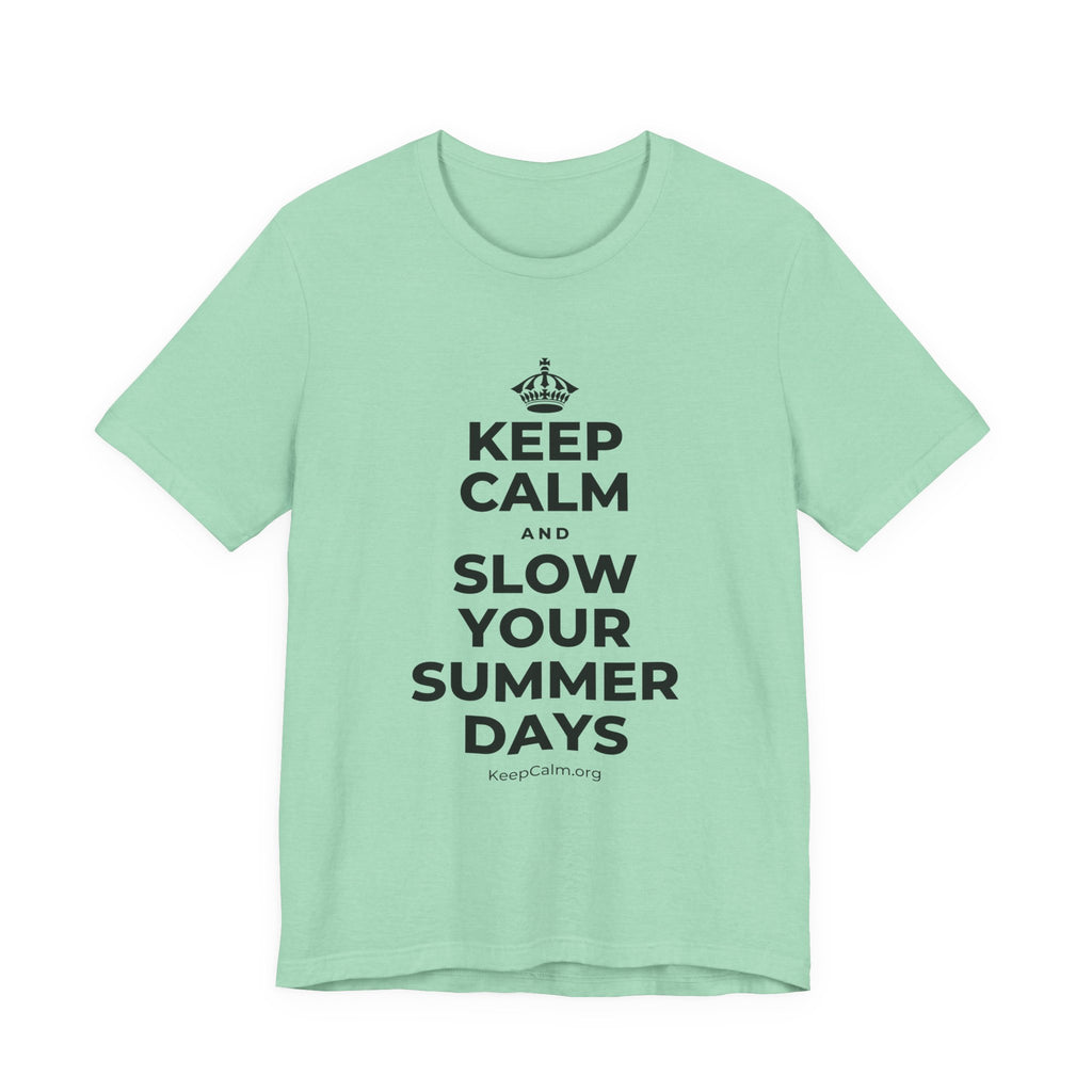 KEEP CALM AND SLOW YOUR SUMMER DAYS T-Shirt (Baby Blue–Silver)