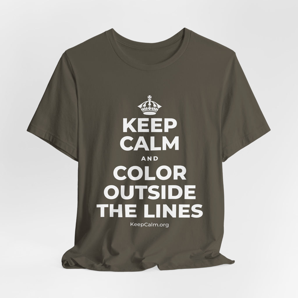 KEEP CALM AND COLOR OUTSIDE THE LINES T-Shirt (White–Asphalt)