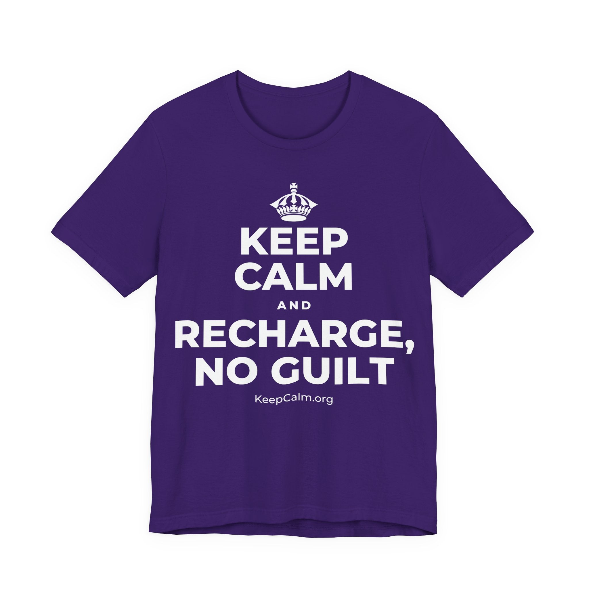 KEEP CALM AND RECHARGE, NO GUILT T-Shirt (Soft Cream–Heather Mauve)