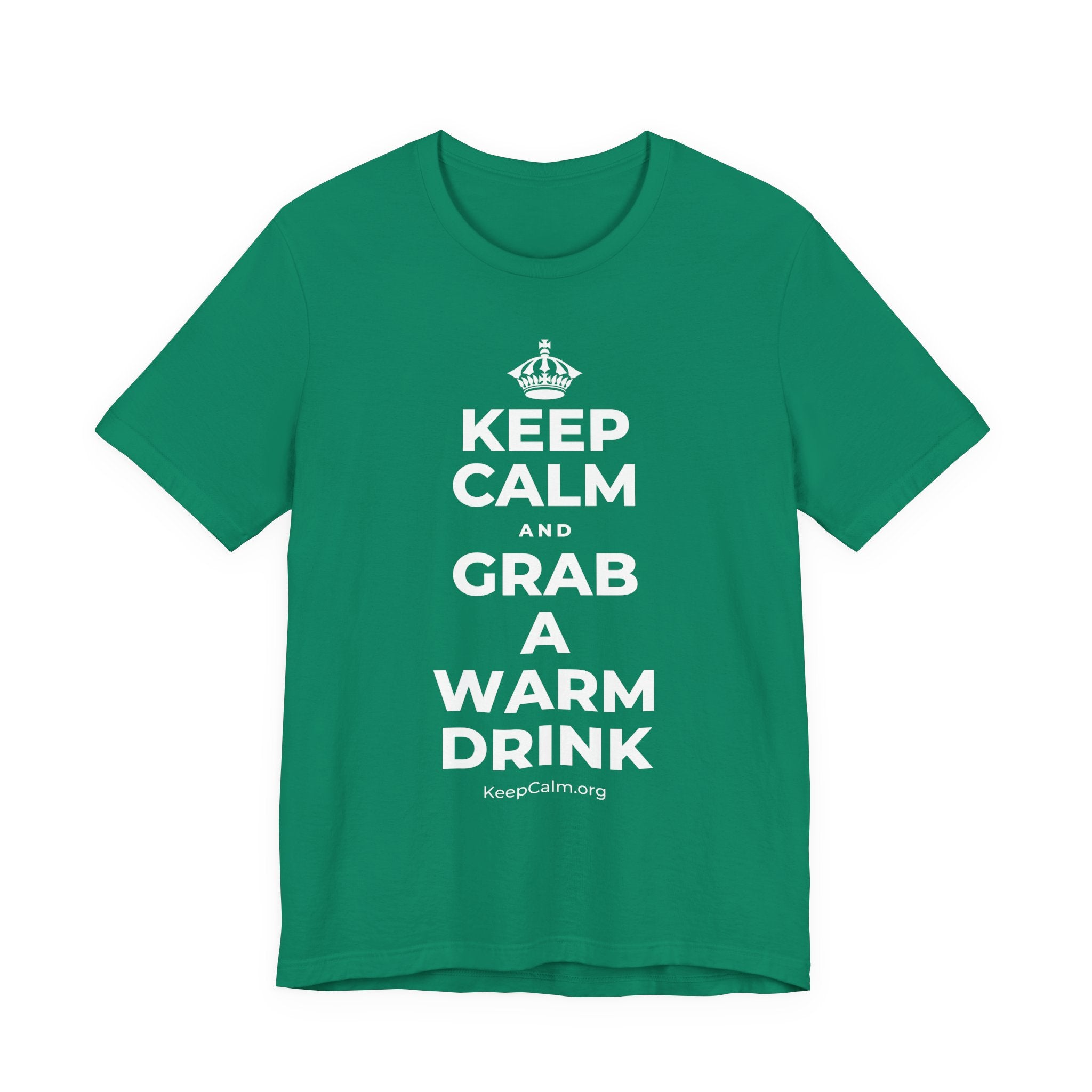 KEEP CALM AND GRAB A WARM DRINK T-Shirt (White–Asphalt)
