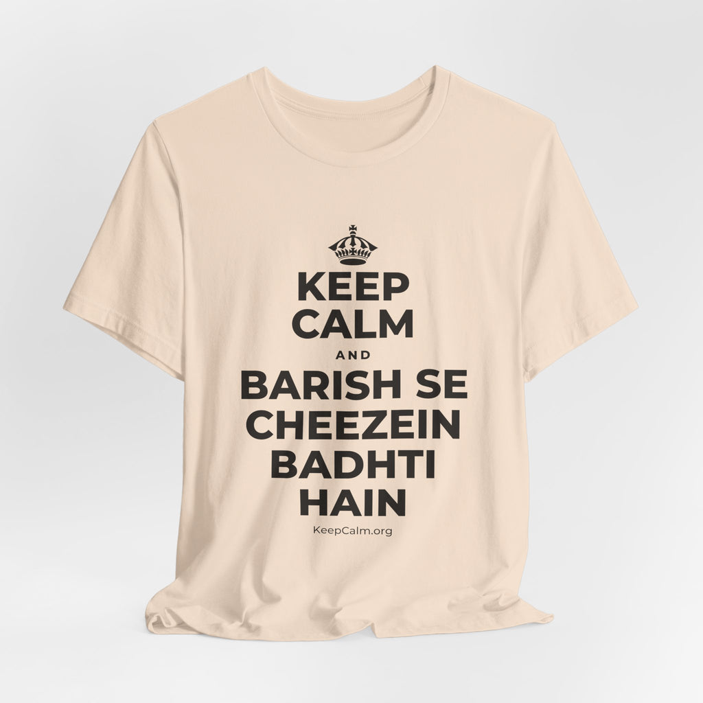 KEEP CALM AND BARISH SE CHEEZEIN BADHTI HAIN T-Shirt (Soft Cream–Heather Mauve)