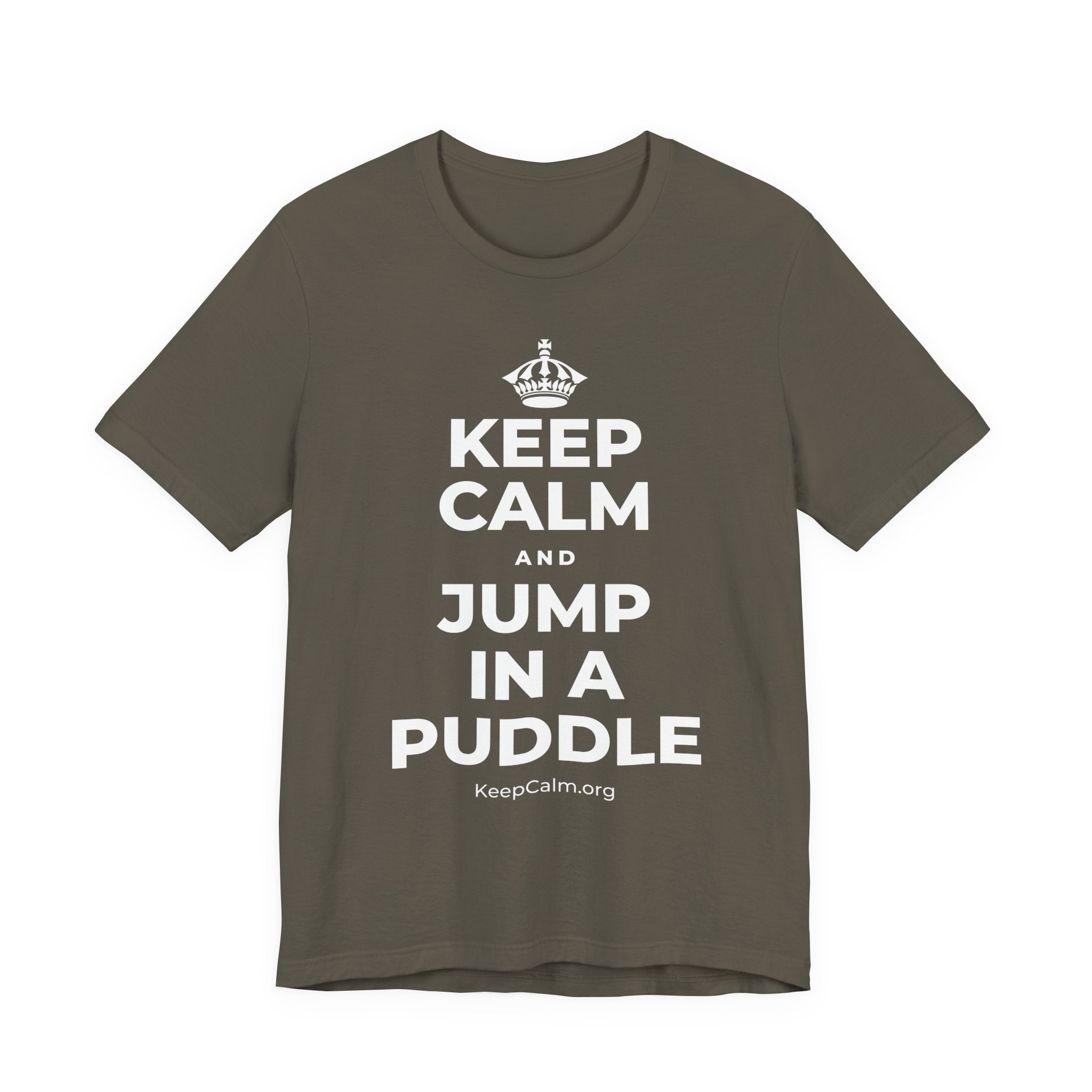KEEP CALM AND JUMP IN A PUDDLE T-Shirt (White–Asphalt)