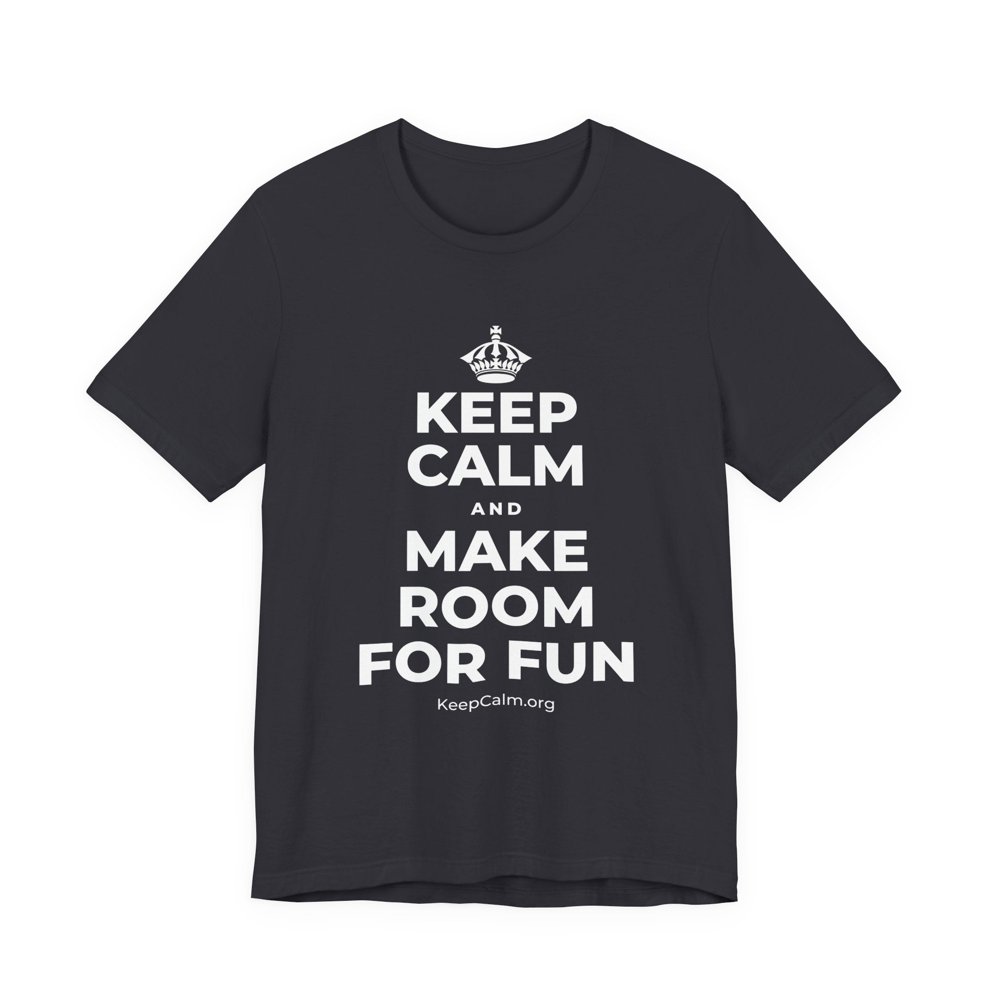 KEEP CALM AND MAKE ROOM FOR FUN T-Shirt (Baby Blue–Silver)