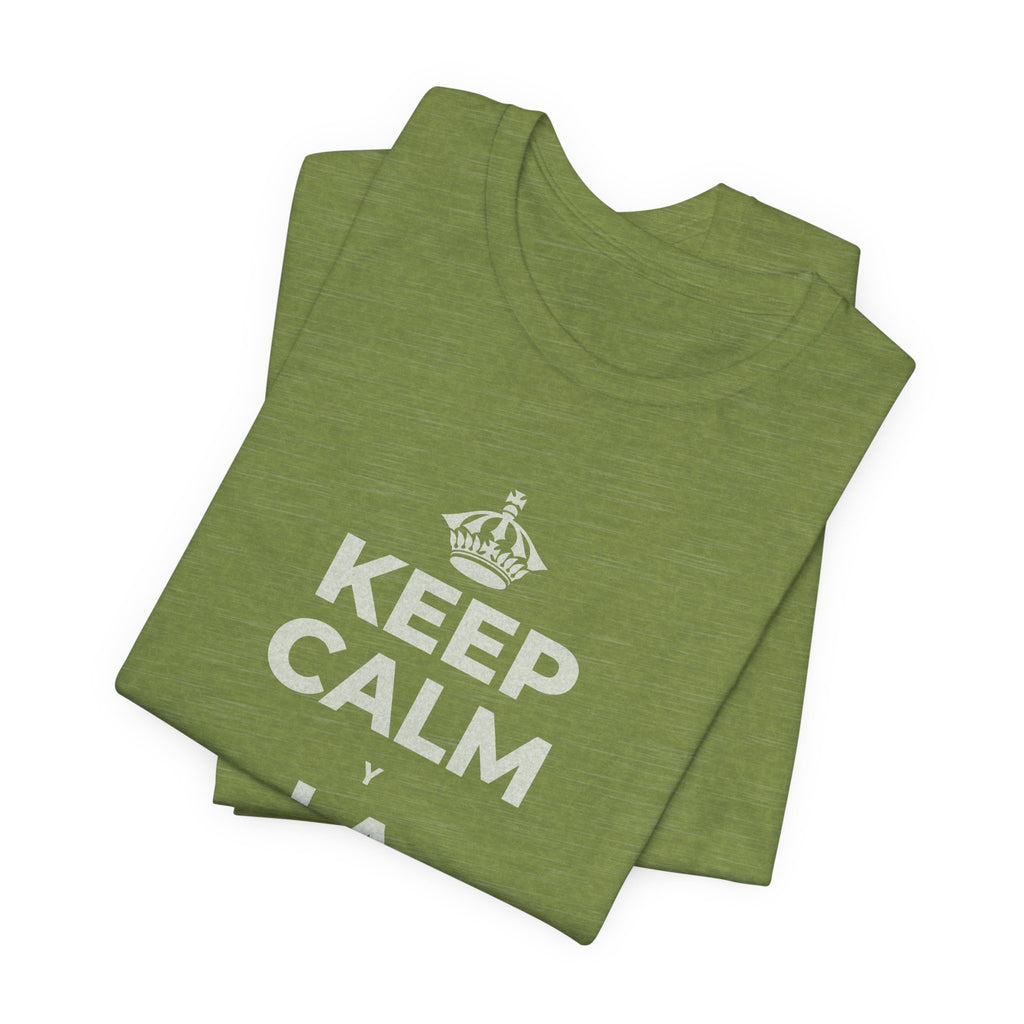 KEEP CALM Y LA FRENTE EN ALTO T-Shirt (Baby Blue–Silver)