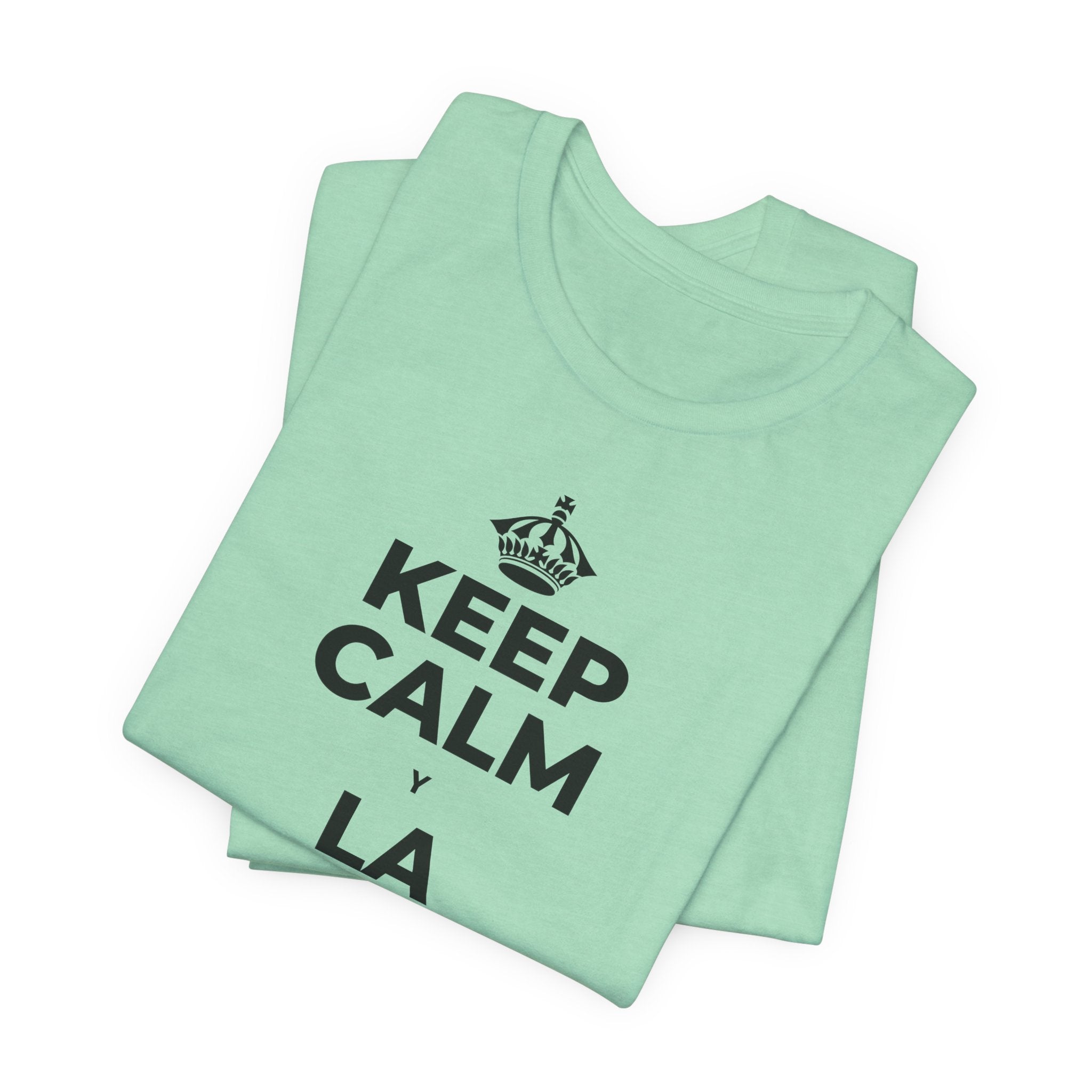 KEEP CALM Y LA FRENTE EN ALTO T-Shirt (Baby Blue–Silver)