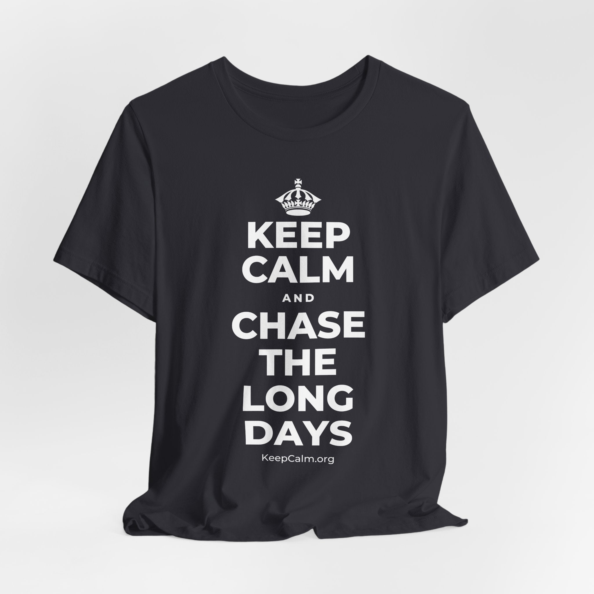 KEEP CALM AND CHASE THE LONG DAYS T-Shirt (Baby Blue–Silver)