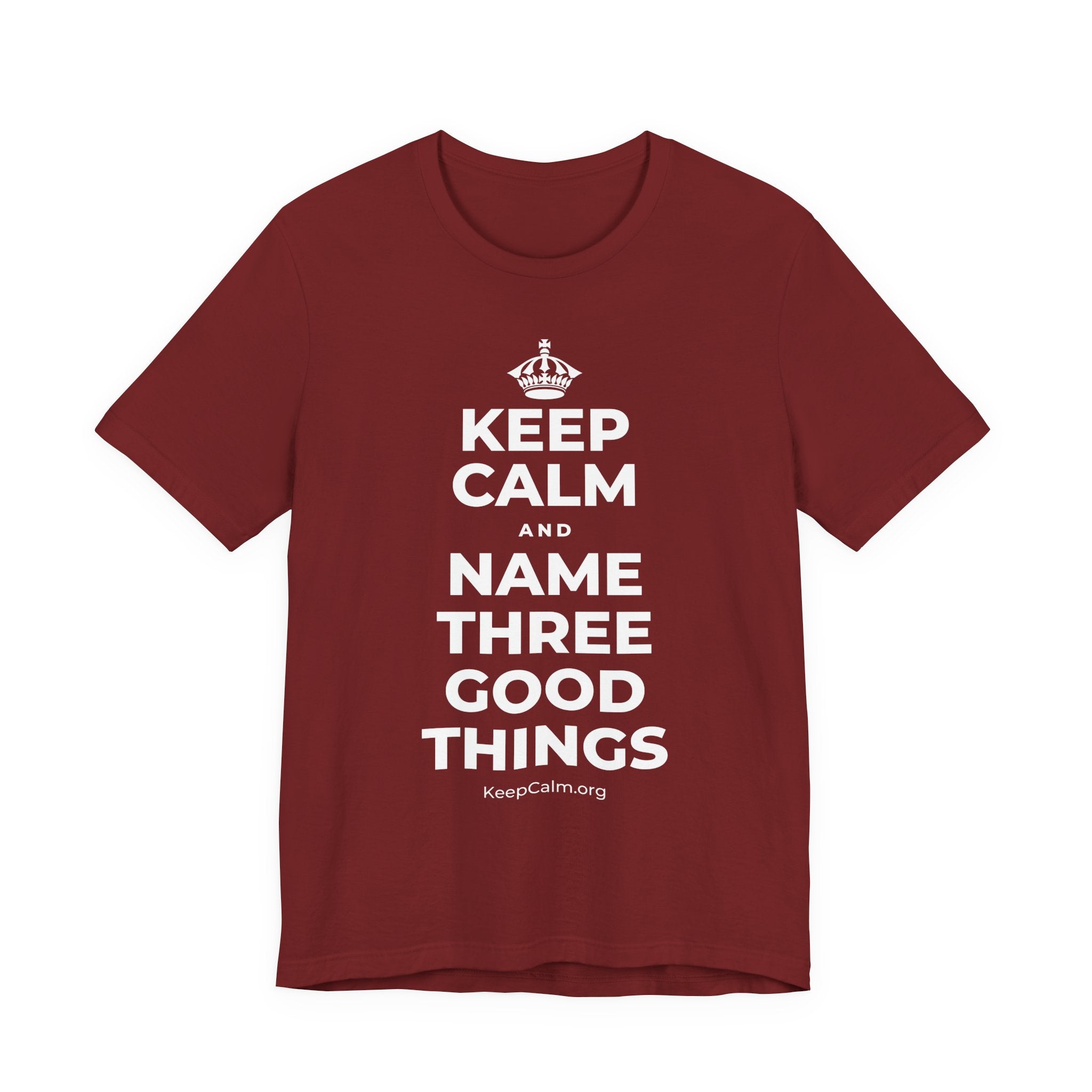KEEP CALM AND NAME THREE GOOD THINGS T-Shirt (Baby Blue–Silver)