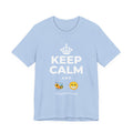 KEEP CALM AND BEE HAPPY T-Shirt (Baby Blue–Silver)