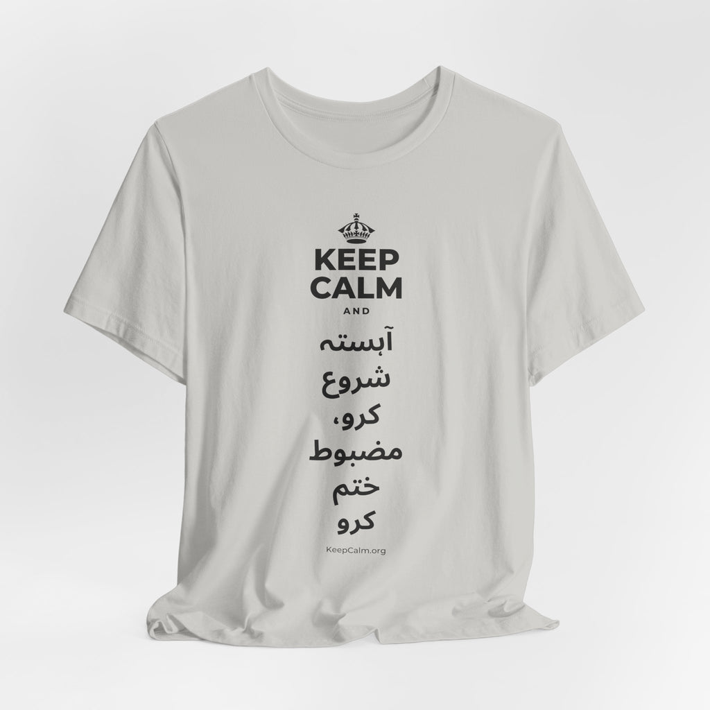 KEEP CALM AND آہستہ شروع کرو، مضبوط ختم کرو T-Shirt (Baby Blue–Silver)