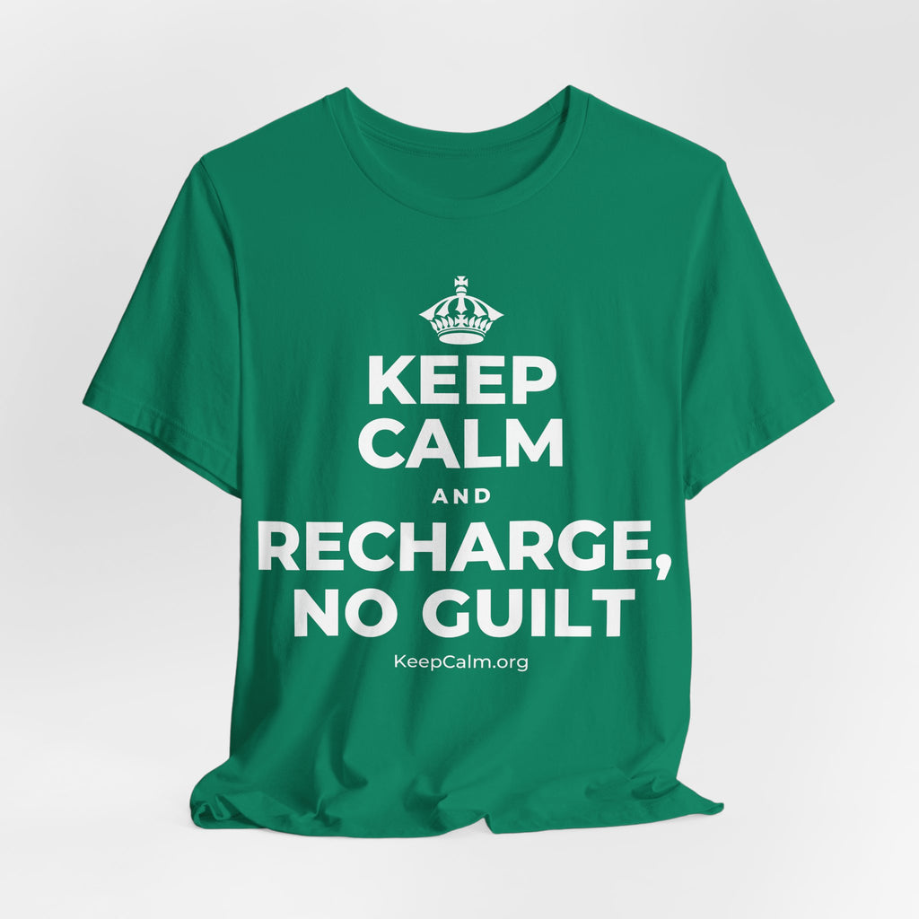 KEEP CALM AND RECHARGE, NO GUILT T-Shirt (White–Asphalt)