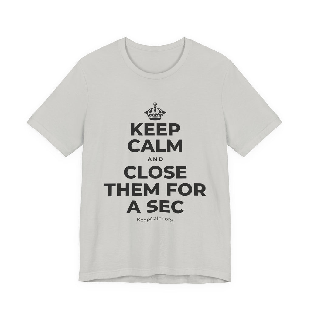KEEP CALM AND CLOSE THEM FOR A SEC T-Shirt (Baby Blue–Silver)