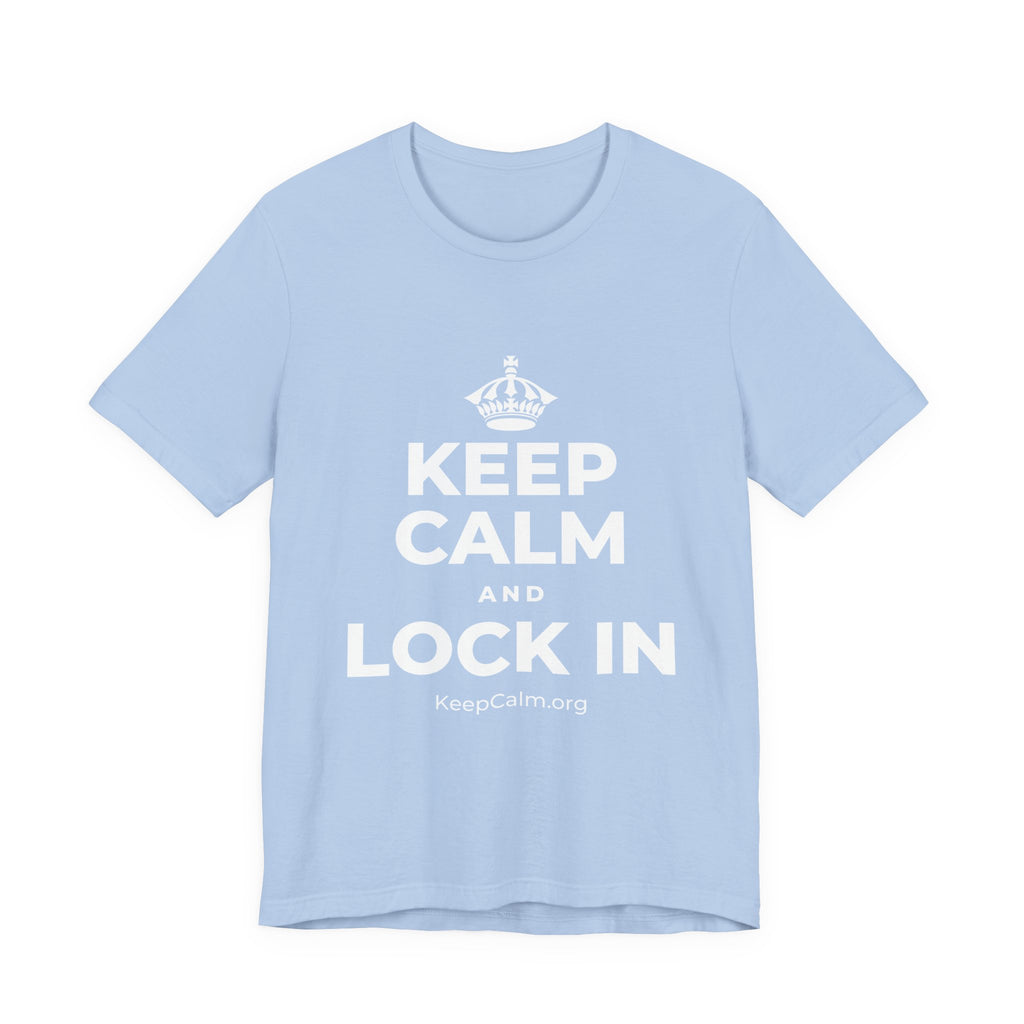 KEEP CALM AND LOCK IN T-Shirt (Baby Blue–Silver)