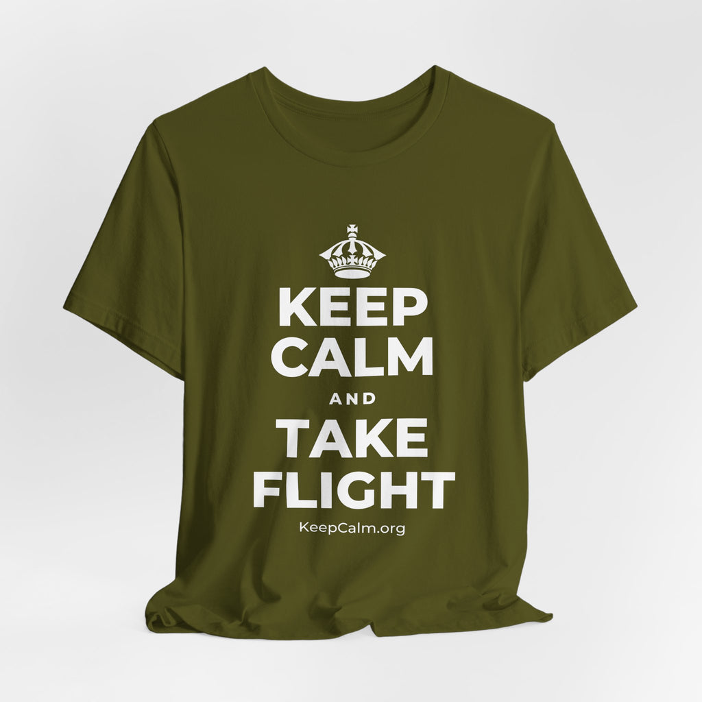 KEEP CALM AND TAKE FLIGHT T-Shirt (Baby Blue–Silver)