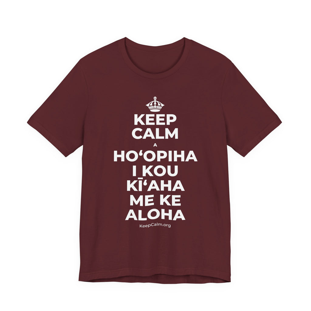 KEEP CALM A HOʻOPIHA I KOU KĪʻAHA ME KE ALOHA T-Shirt (Baby Blue–Silver)