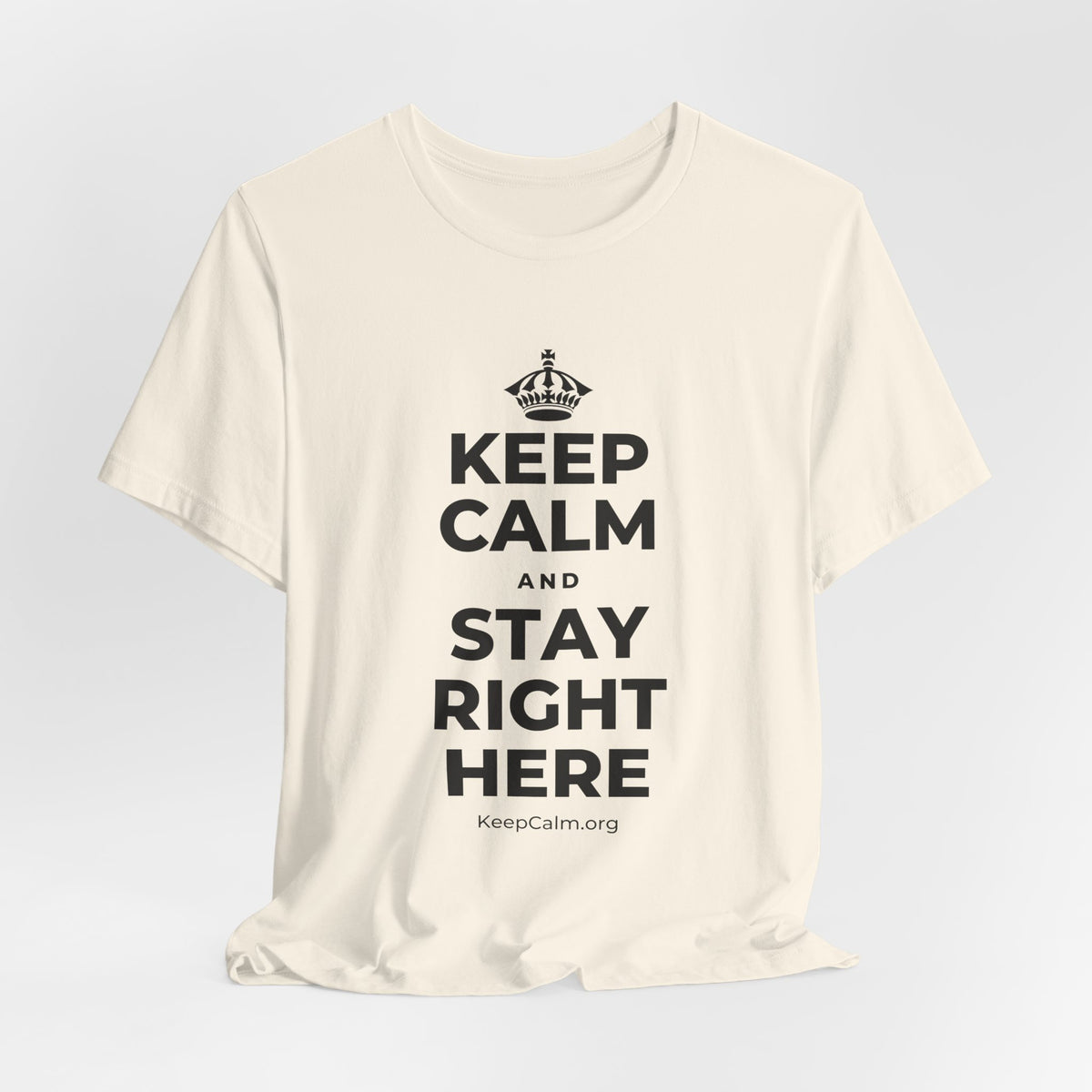KEEP CALM AND STAY RIGHT HERE T-Shirt (White–Asphalt)