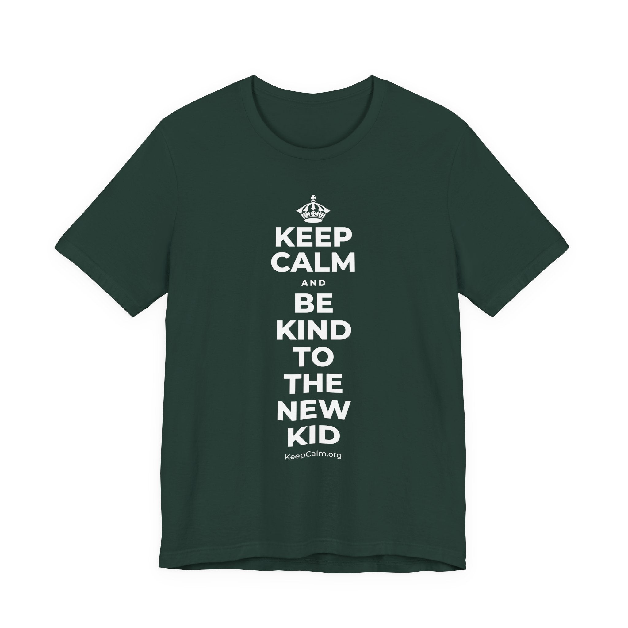 KEEP CALM AND BE KIND TO THE NEW KID T-Shirt (White–Asphalt)