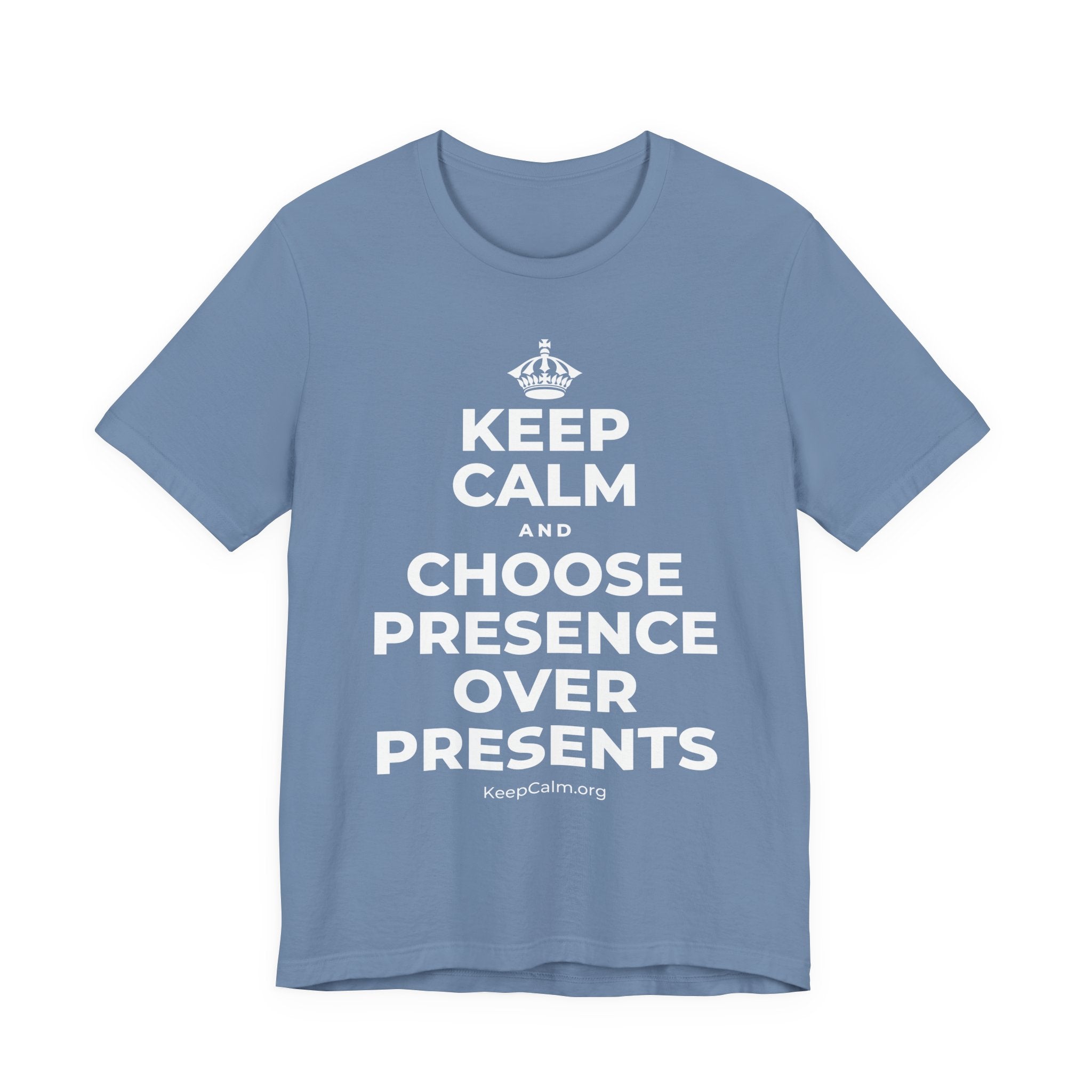 KEEP CALM AND CHOOSE PRESENCE OVER PRESENTS T-Shirt (Soft Cream–Heather Mauve)