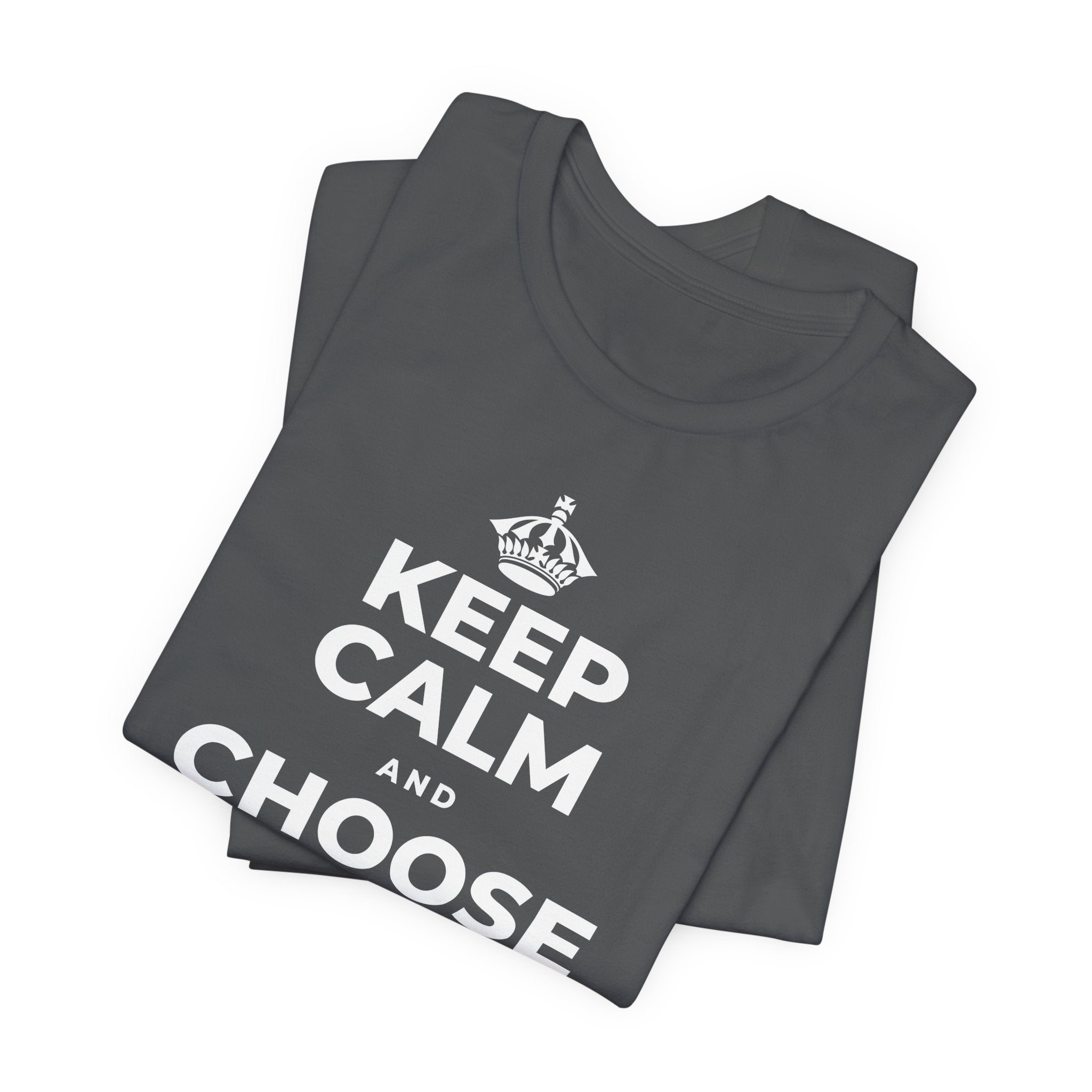 KEEP CALM AND CHOOSE PRESENCE OVER PRESENTS T-Shirt (White–Asphalt)