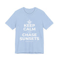 KEEP CALM AND CHASE SUNSETS T-Shirt (Baby Blue–Silver)