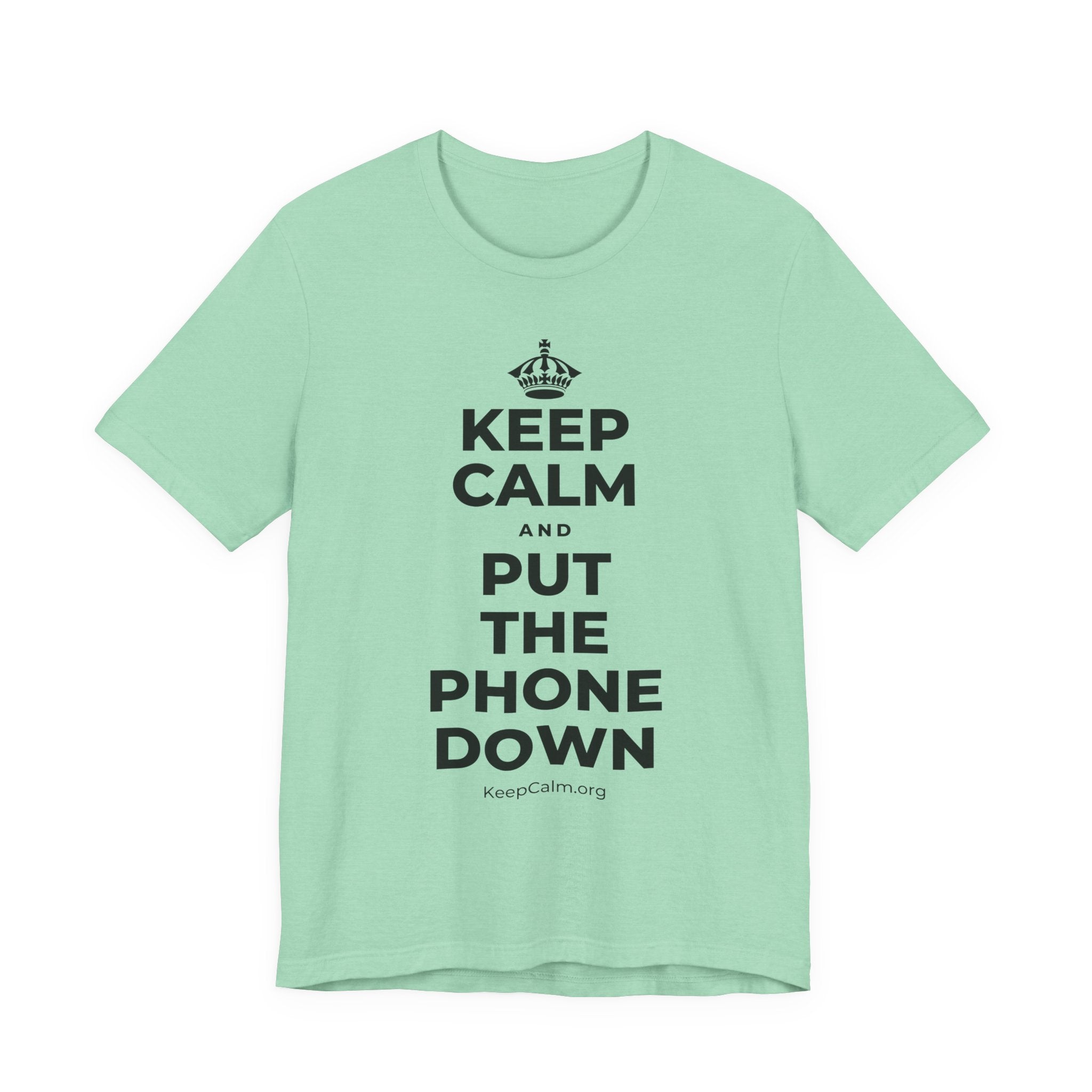 KEEP CALM AND PUT THE PHONE DOWN T-Shirt (Baby Blue–Silver)