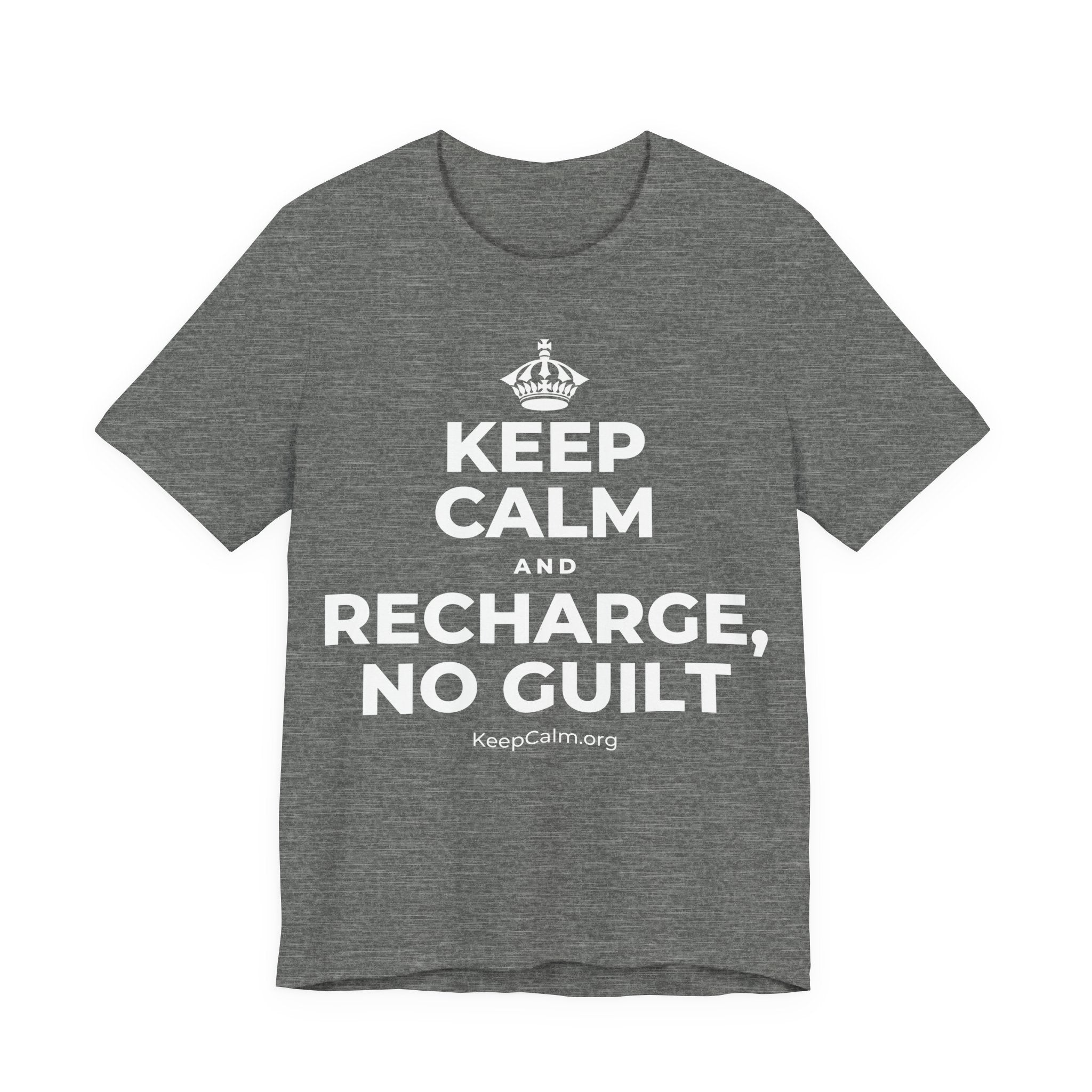 KEEP CALM AND RECHARGE, NO GUILT T-Shirt (Baby Blue–Silver)
