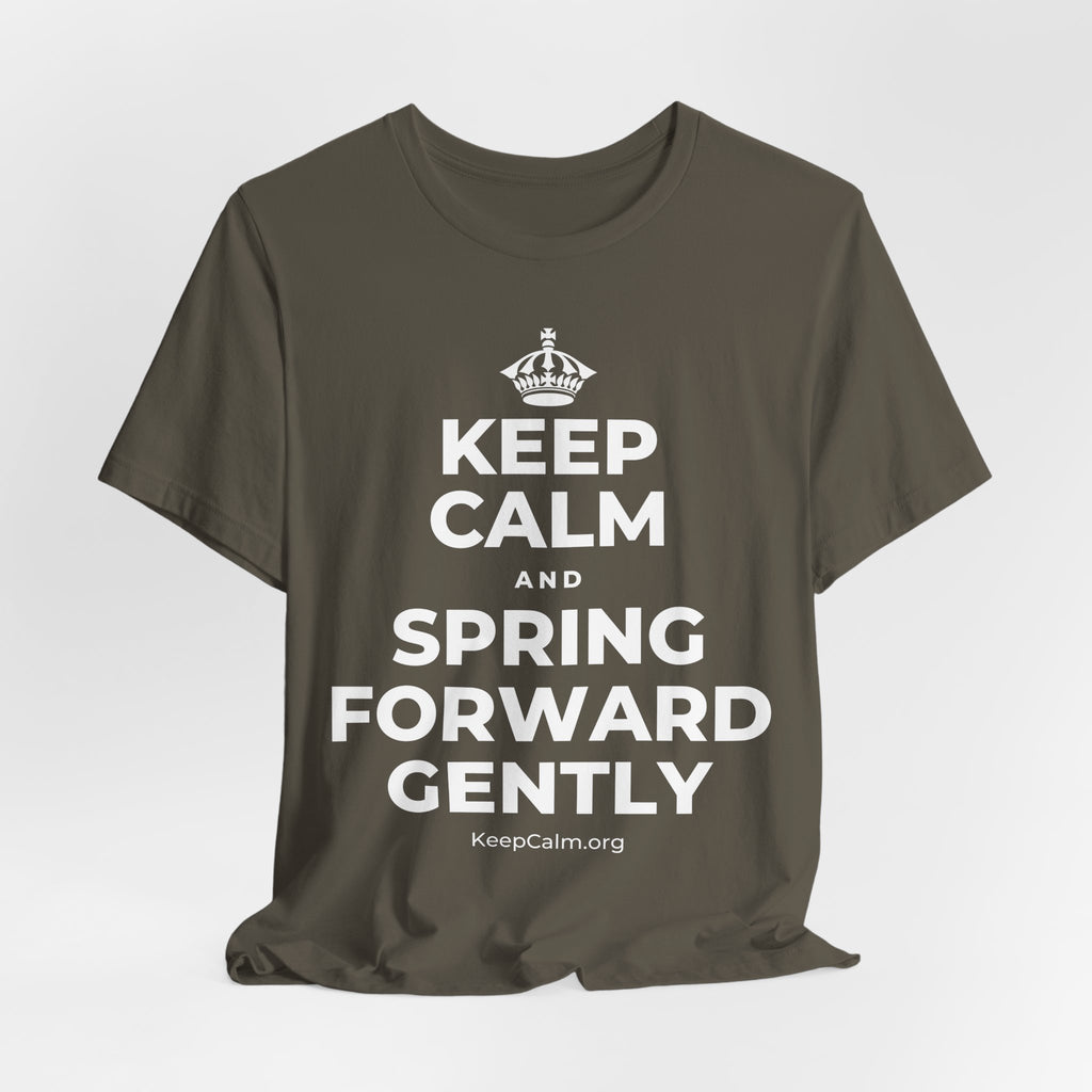 KEEP CALM AND SPRING FORWARD GENTLY T-Shirt (White–Asphalt)