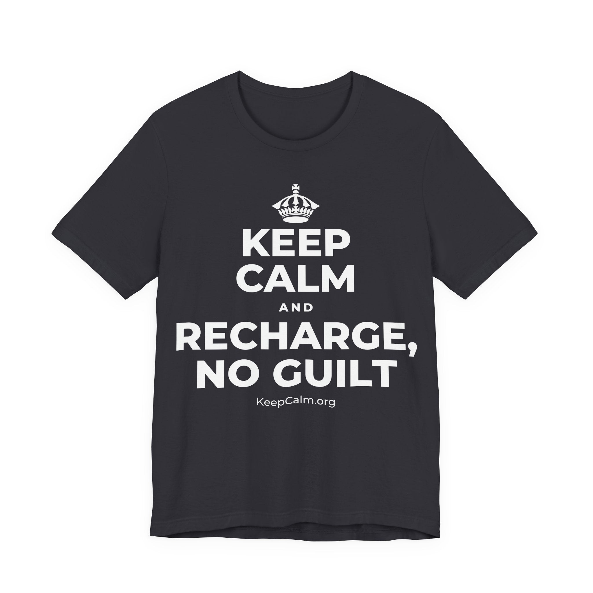 KEEP CALM AND RECHARGE, NO GUILT T-Shirt (Baby Blue–Silver)