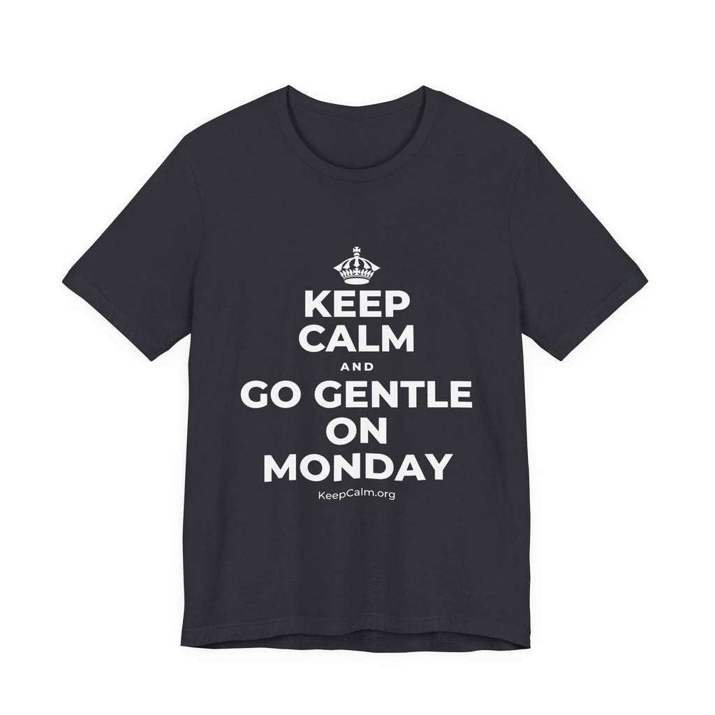 KEEP CALM AND GO GENTLE ON MONDAY T-Shirt (Baby Blue–Silver)