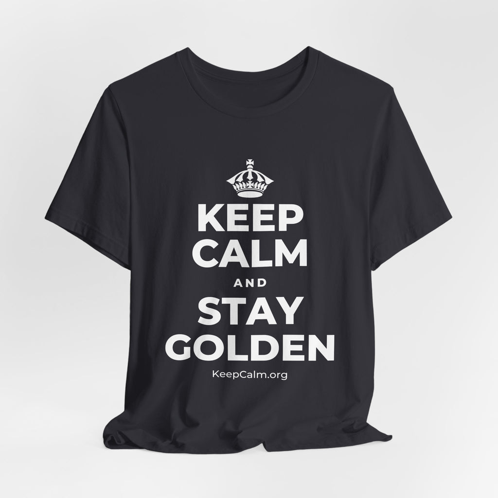 KEEP CALM AND STAY GOLDEN T-Shirt (Baby Blue–Silver)