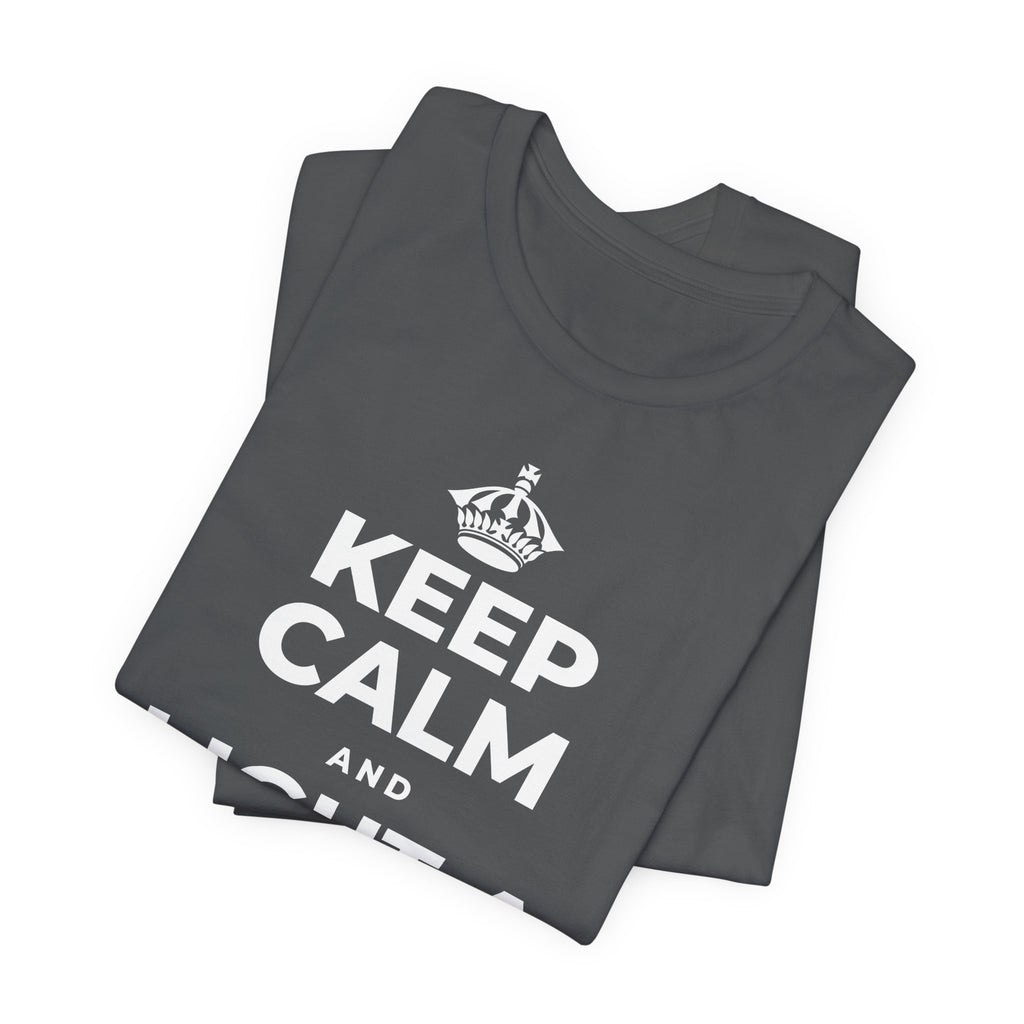 KEEP CALM AND LIGHT A COZY CANDLE T-Shirt (White–Asphalt)