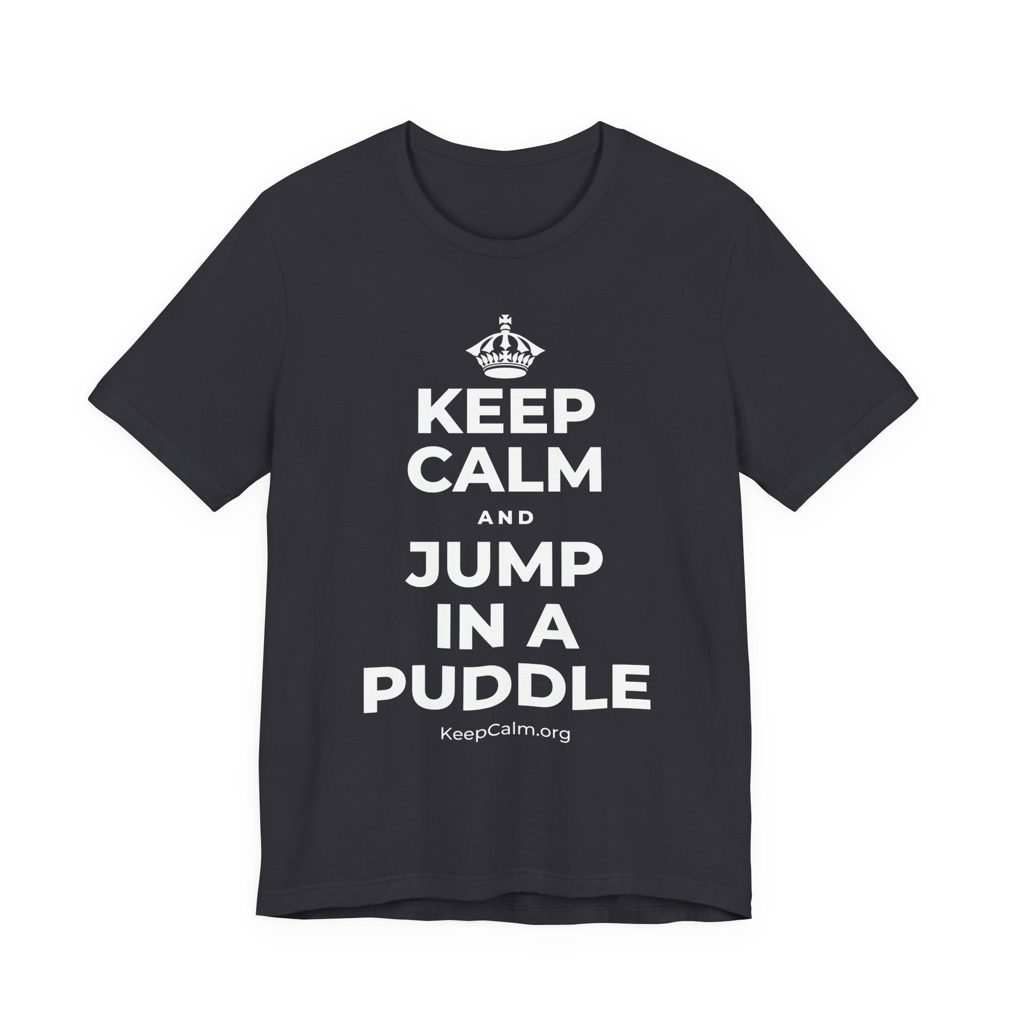 KEEP CALM AND JUMP IN A PUDDLE T-Shirt (Baby Blue–Silver)