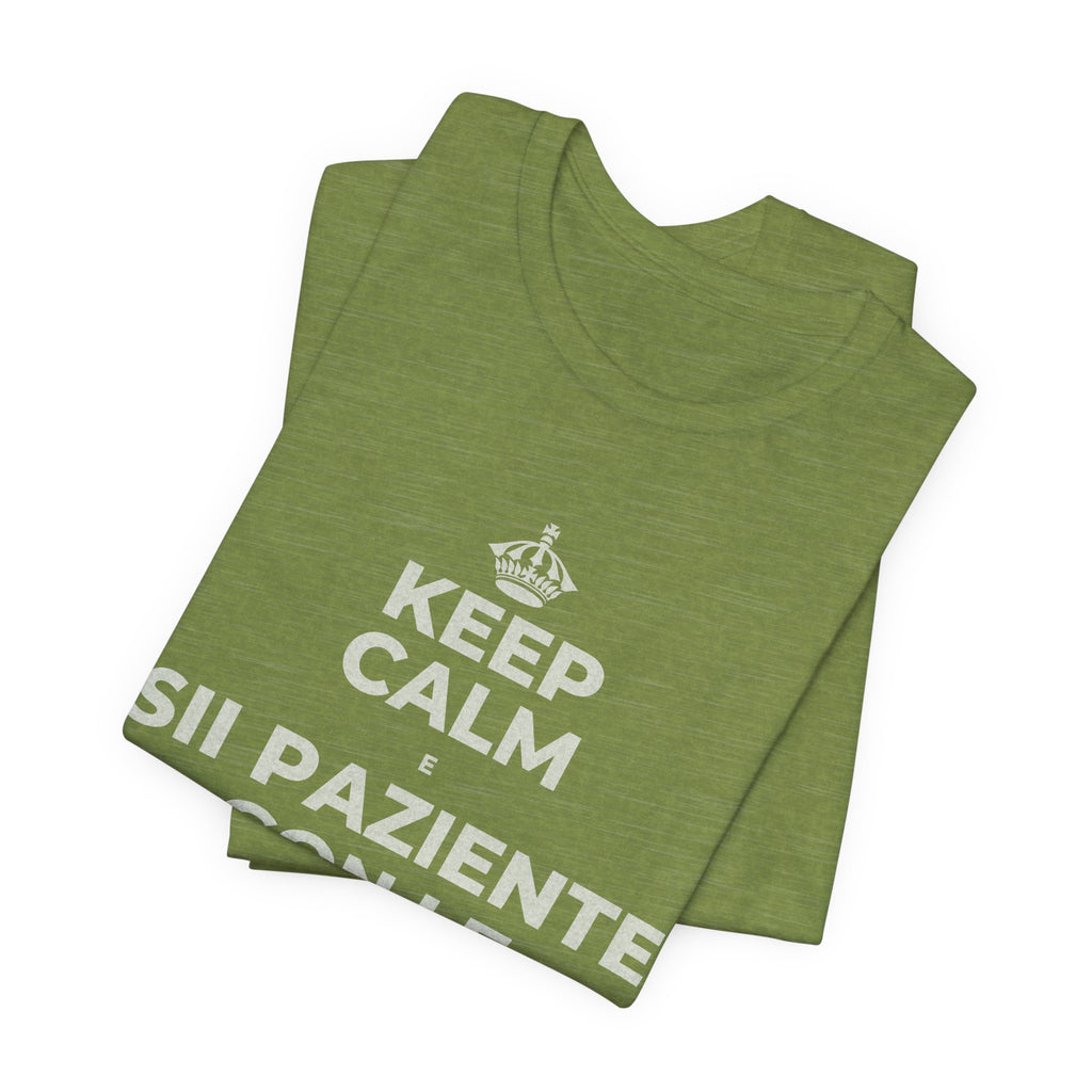 KEEP CALM E SII PAZIENTE CON LE NUOVE ABITUDINI T-Shirt (Baby Blue–Silver)