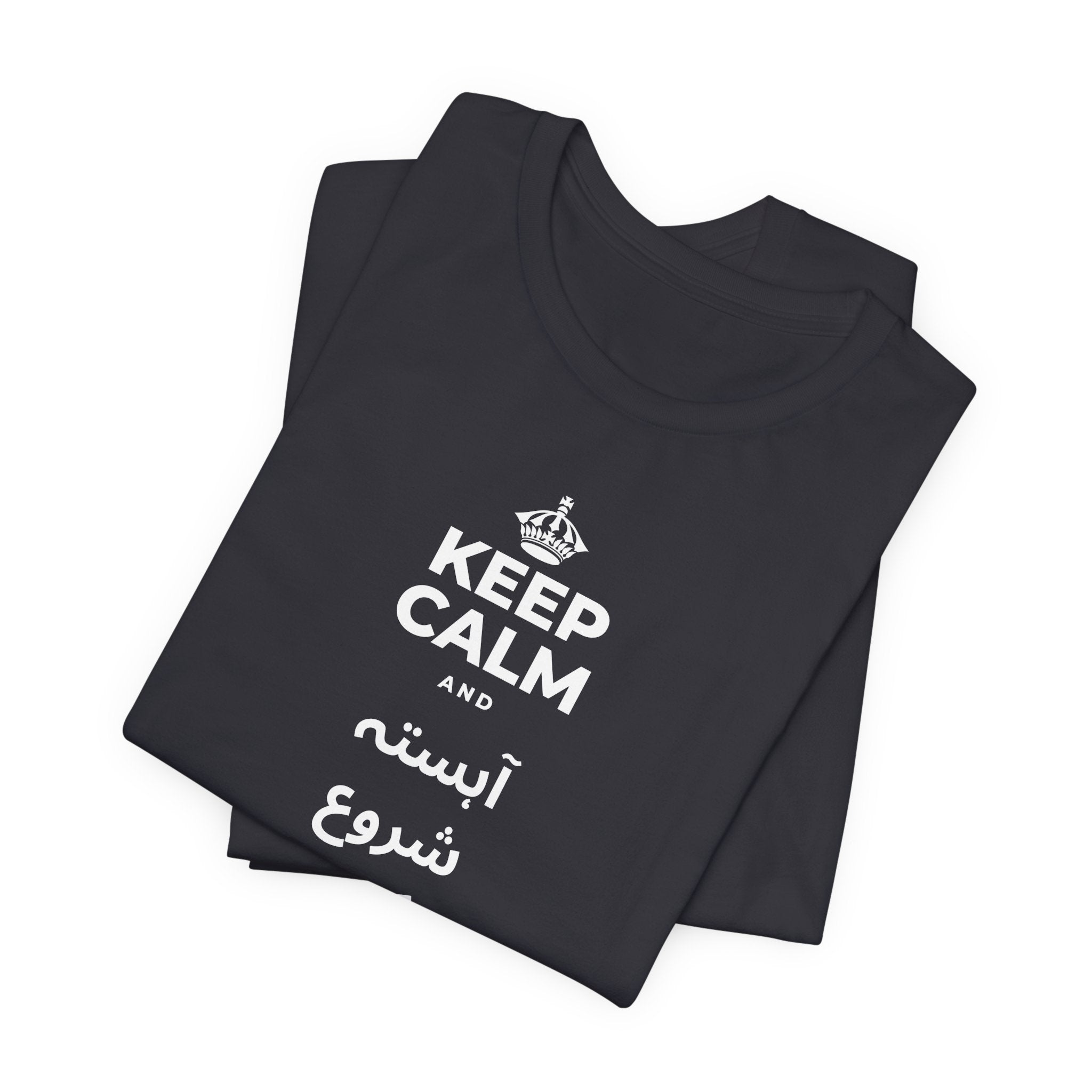 KEEP CALM AND آہستہ شروع کرو، مضبوط ختم کرو T-Shirt (Baby Blue–Silver)