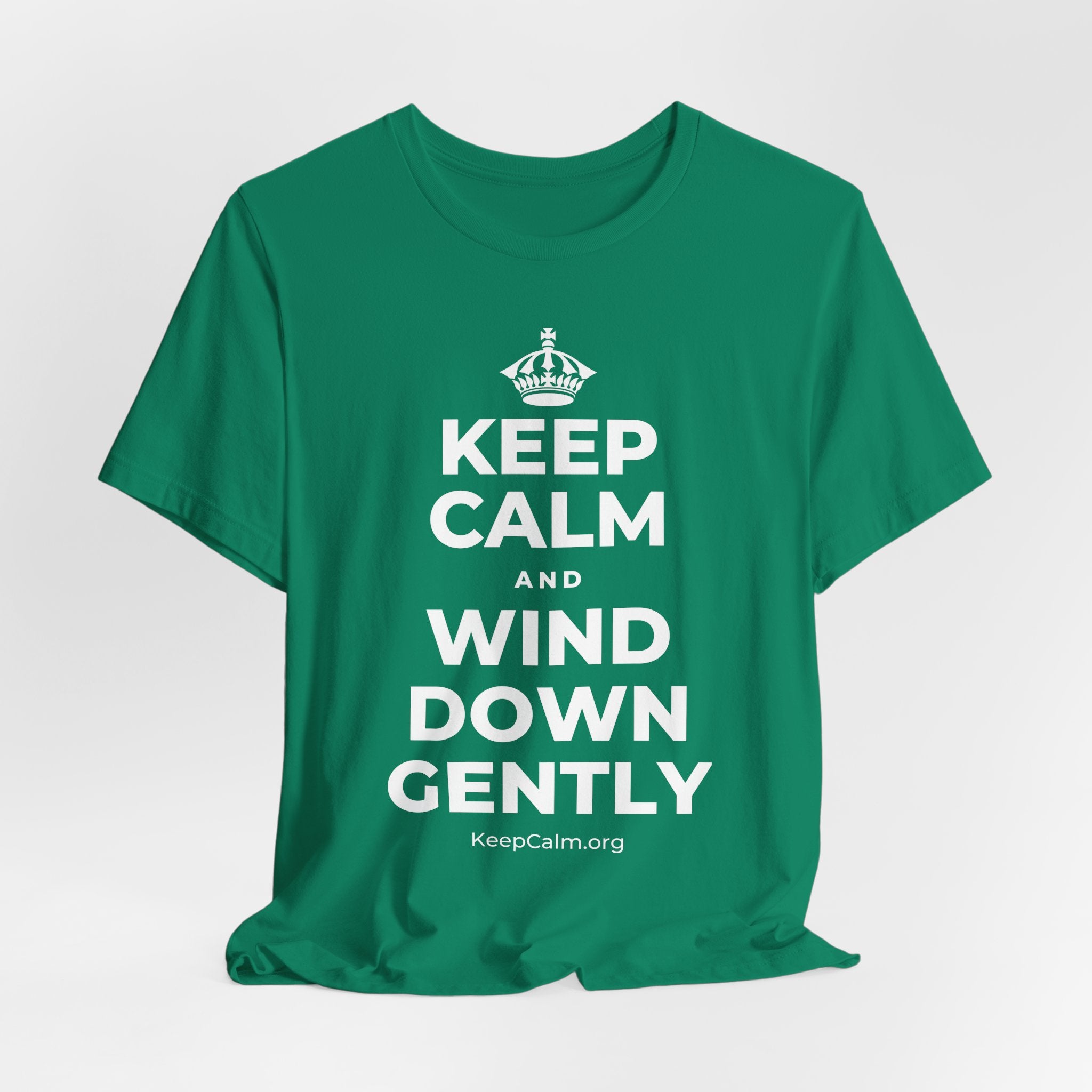KEEP CALM AND WIND DOWN GENTLY T-Shirt (White–Asphalt)