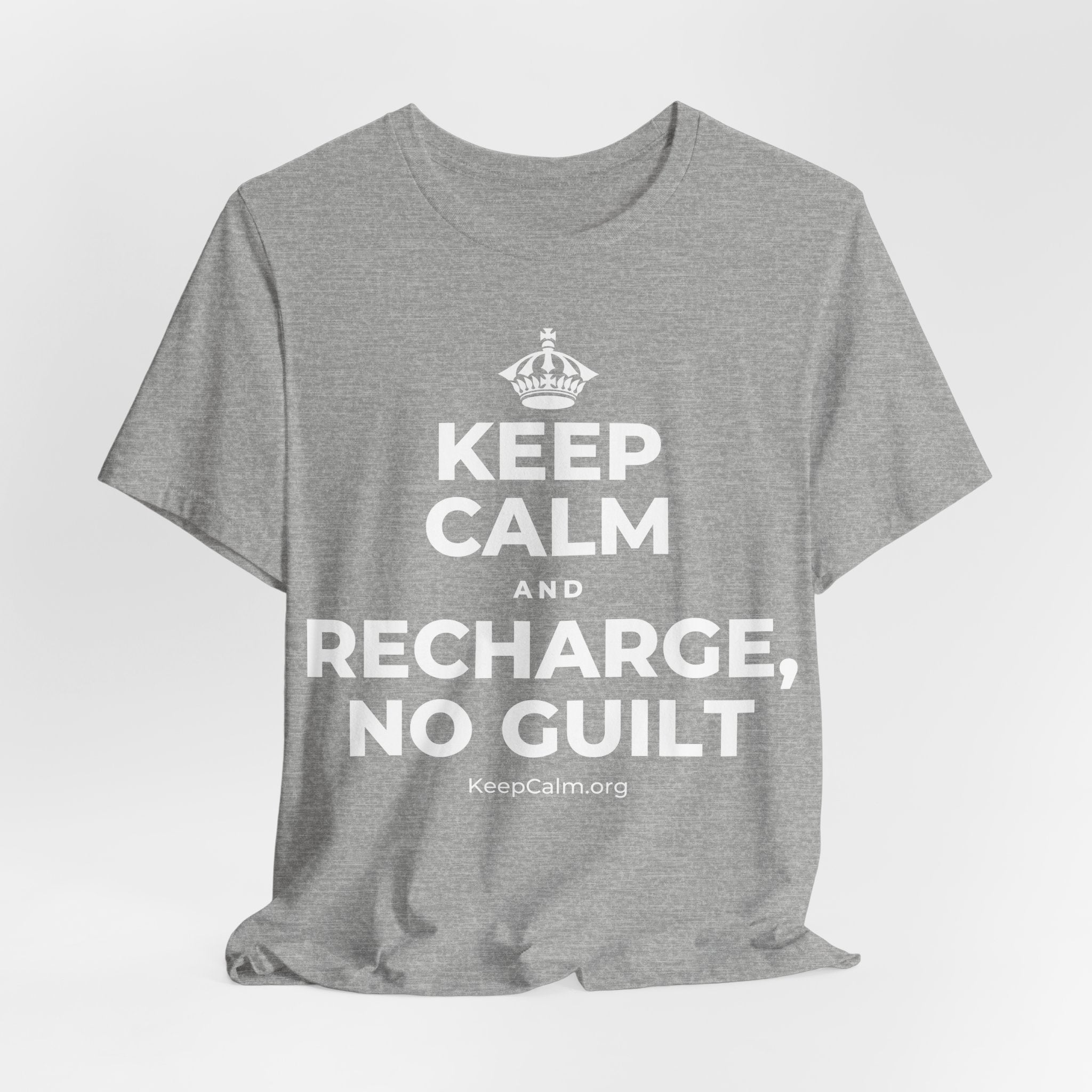 KEEP CALM AND RECHARGE, NO GUILT T-Shirt (White–Asphalt)