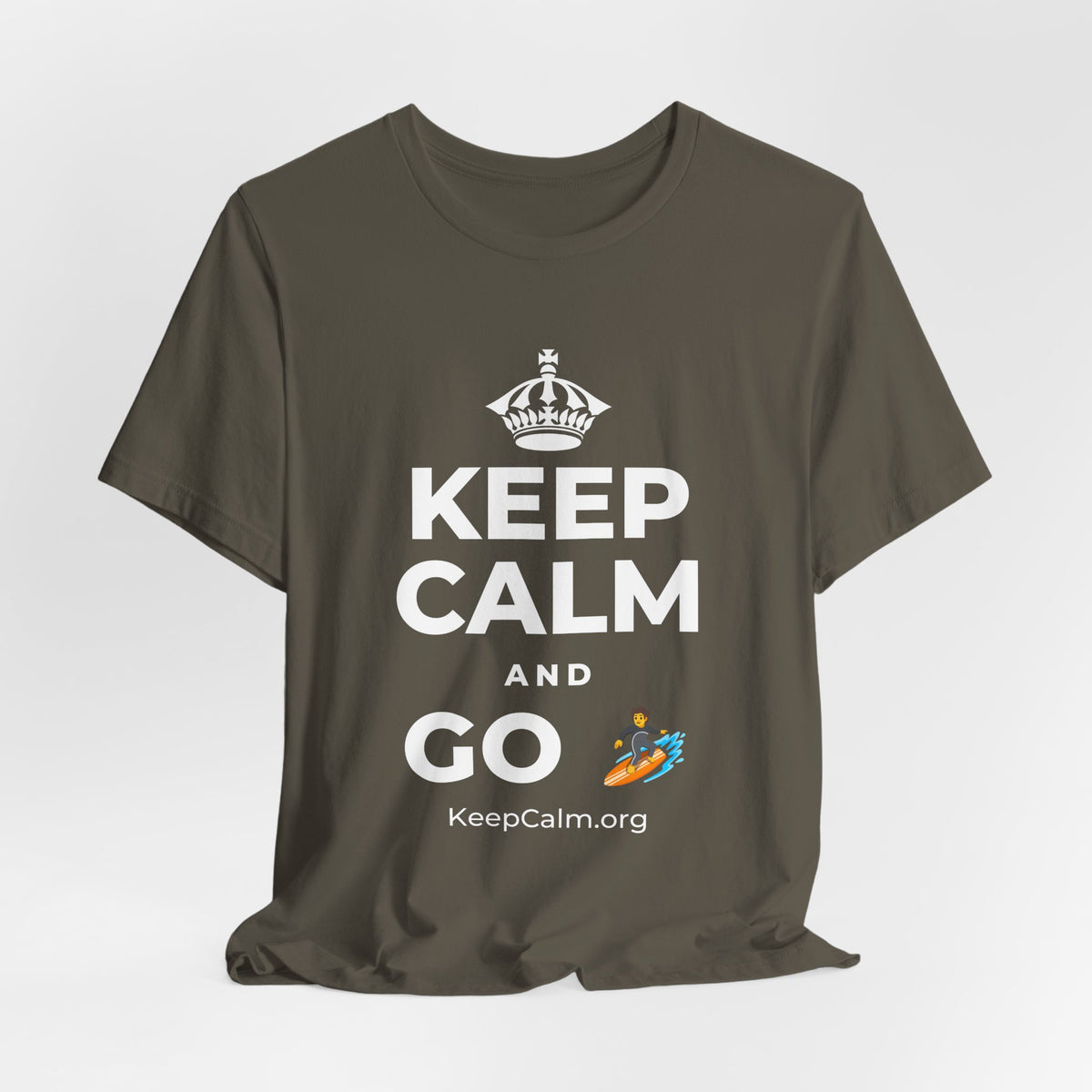 KEEP CALM AND GO 🏄 T-Shirt (White–Asphalt)
