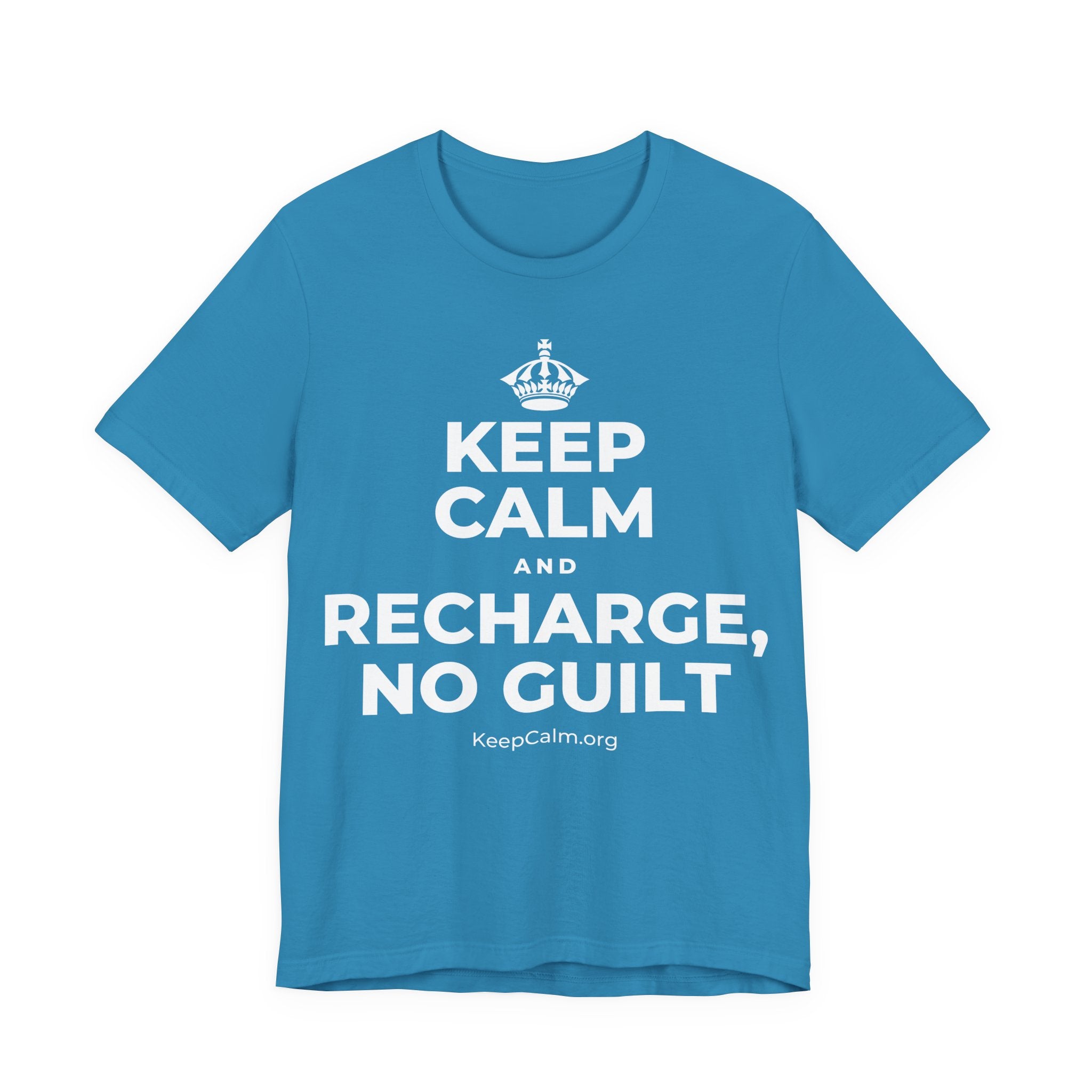 KEEP CALM AND RECHARGE, NO GUILT T-Shirt (White–Asphalt)