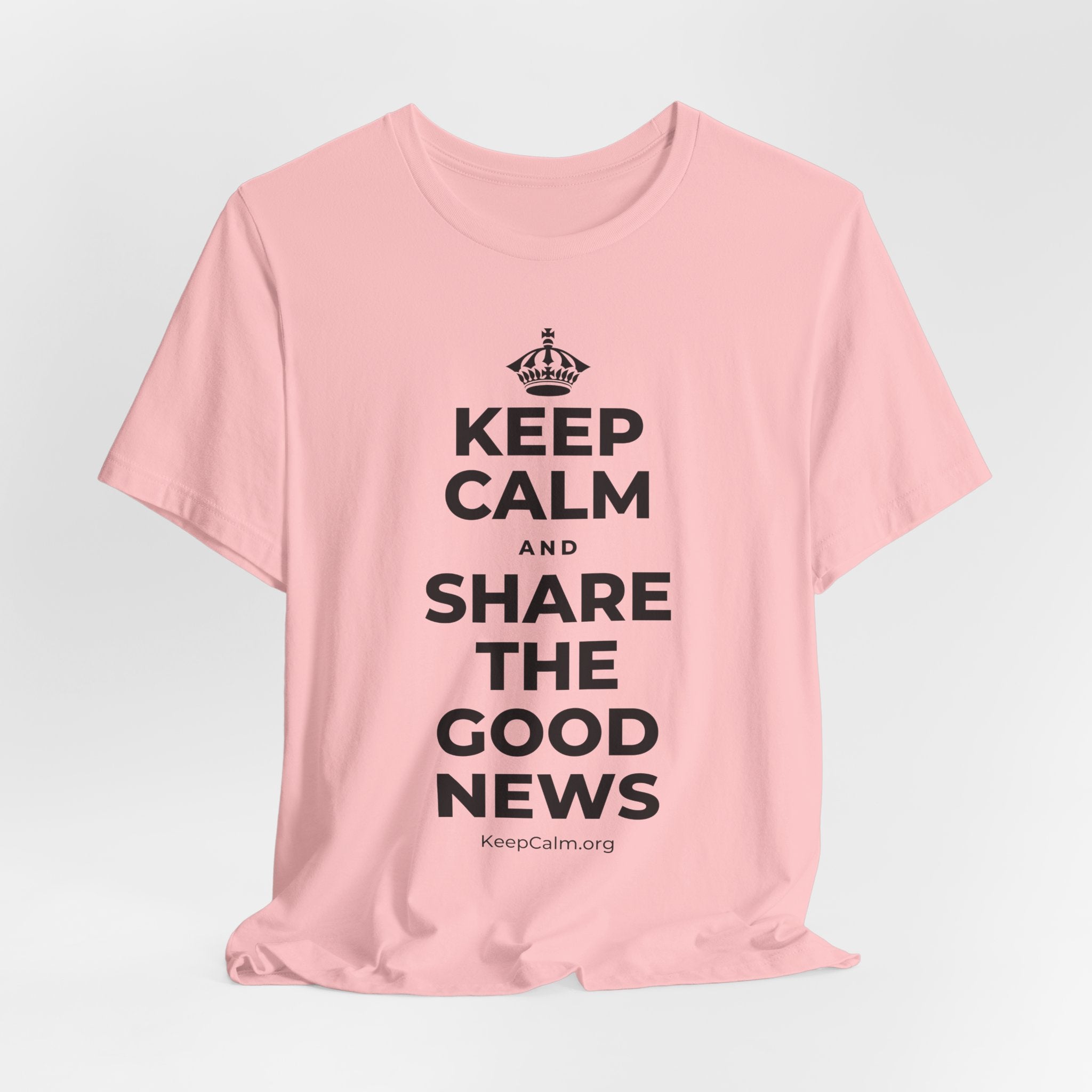 KEEP CALM AND SHARE THE GOOD NEWS T-Shirt (White–Asphalt)